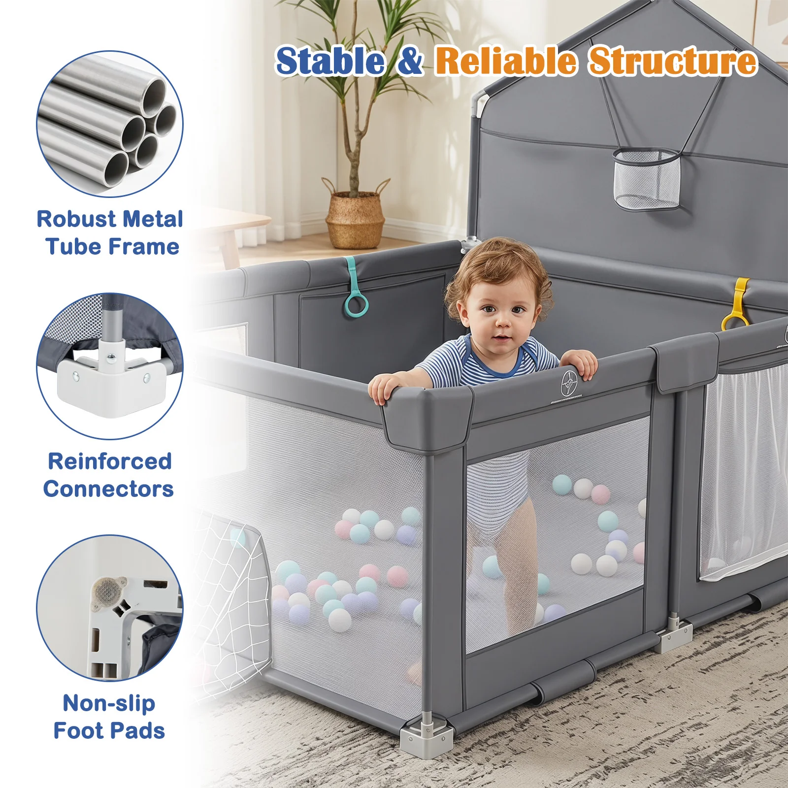 Foldable Baby Playpen, Large Play Yard Activity Center w/Basketball Hoop, Soccer Goal, Pull Rings & Ocean Balls for Infants - Image 6