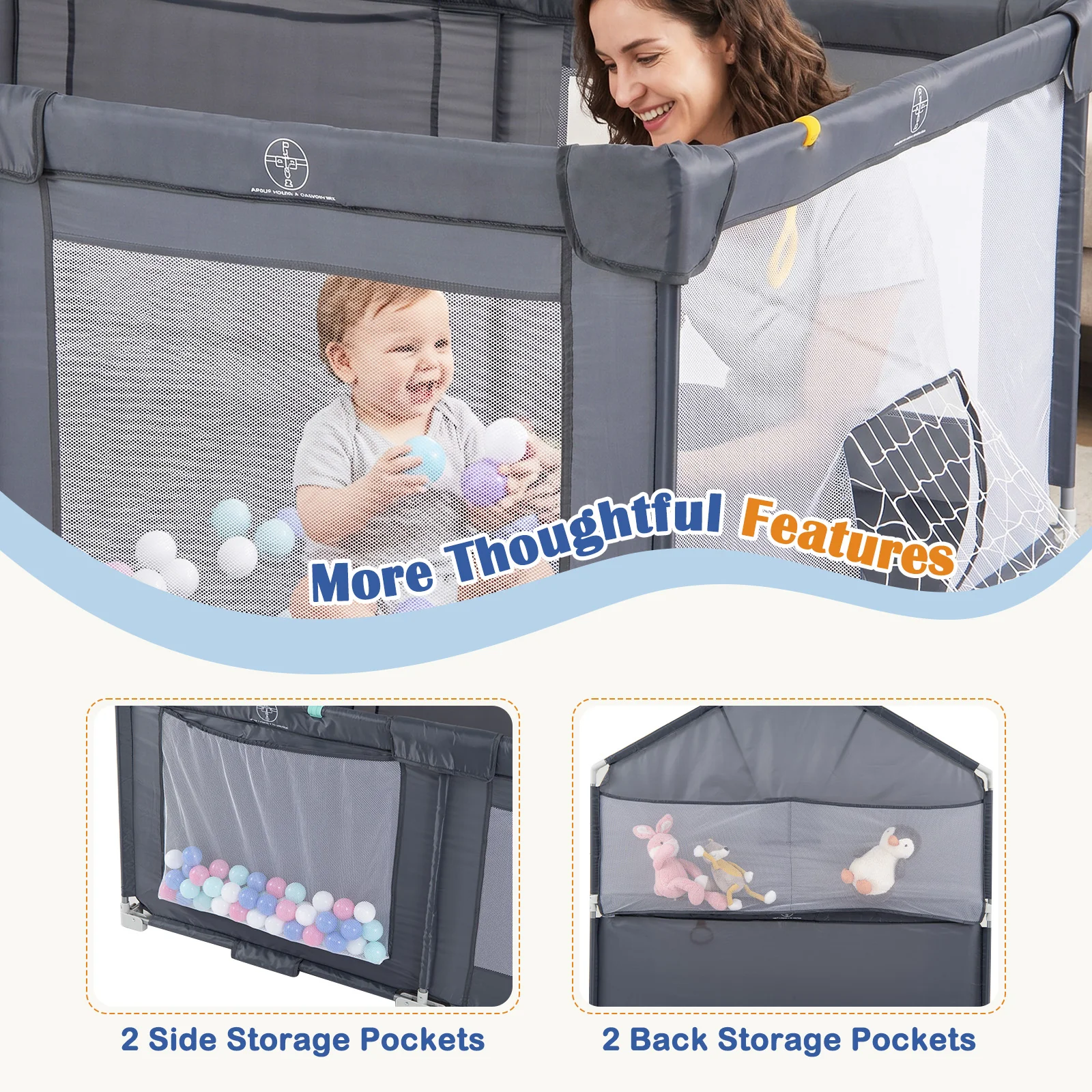 Foldable Baby Playpen, Large Play Yard Activity Center w/Basketball Hoop, Soccer Goal, Pull Rings & Ocean Balls for Infants - Image 8