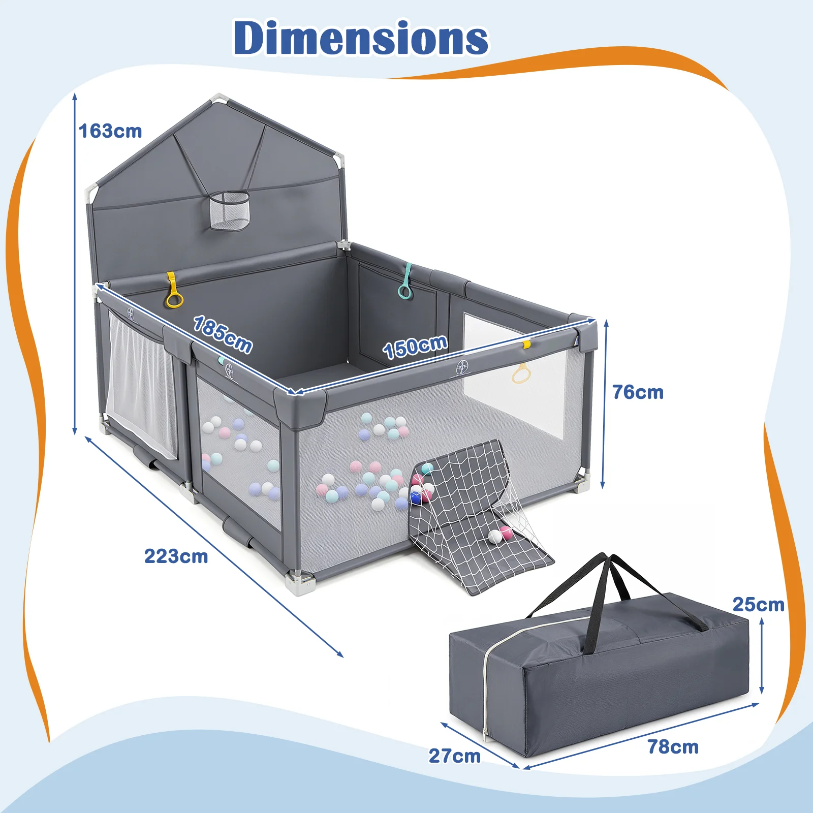 Foldable Baby Playpen, Large Play Yard Activity Center w/Basketball Hoop, Soccer Goal, Pull Rings & Ocean Balls for Infants - Image 9