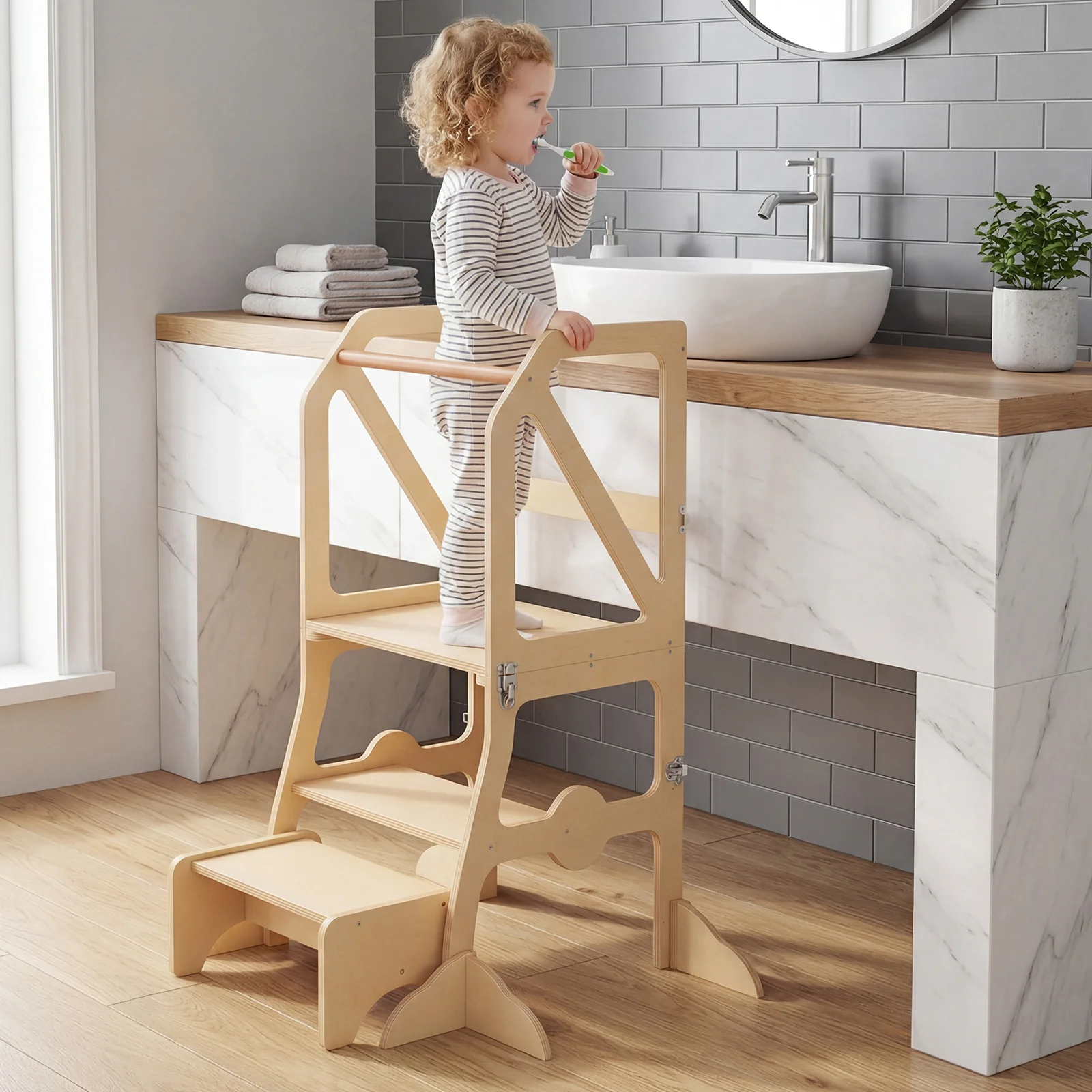 Foldable Kids Kitchen Step Stool Helper with Removable Safety Bar and Chair Set for Children 3+ Years Old - Image 10