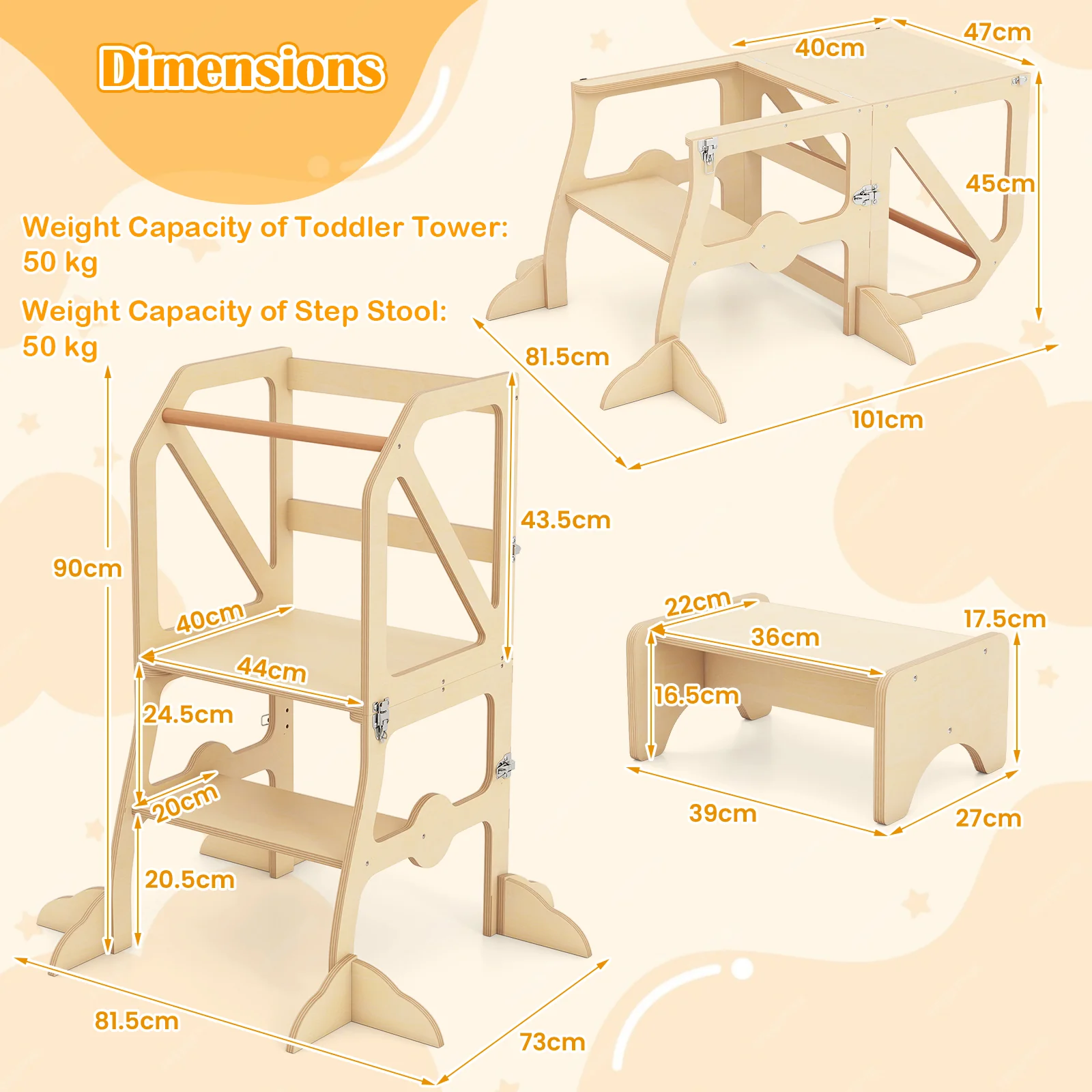 Foldable Kids Kitchen Step Stool Helper with Removable Safety Bar and Chair Set for Children 3+ Years Old - Image 3
