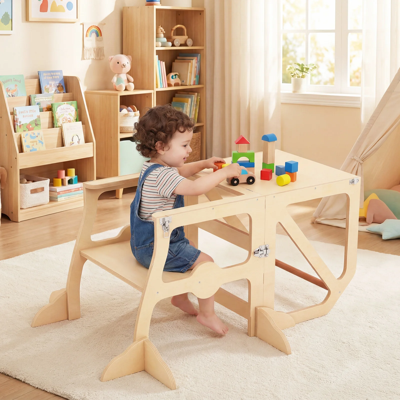 Foldable Kids Kitchen Step Stool Helper with Removable Safety Bar and Chair Set for Children 3+ Years Old - Image 4