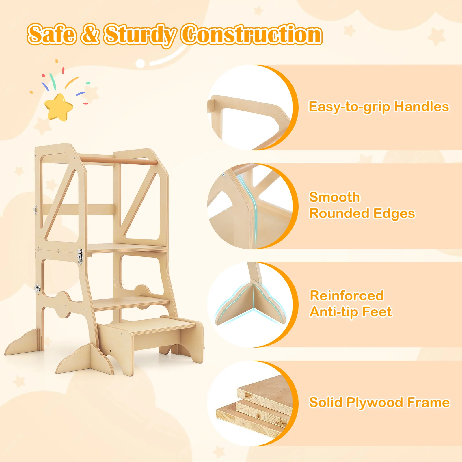 Foldable Kids Kitchen Step Stool Helper with Removable Safety Bar and Chair Set for Children 3+ Years Old - Image 6