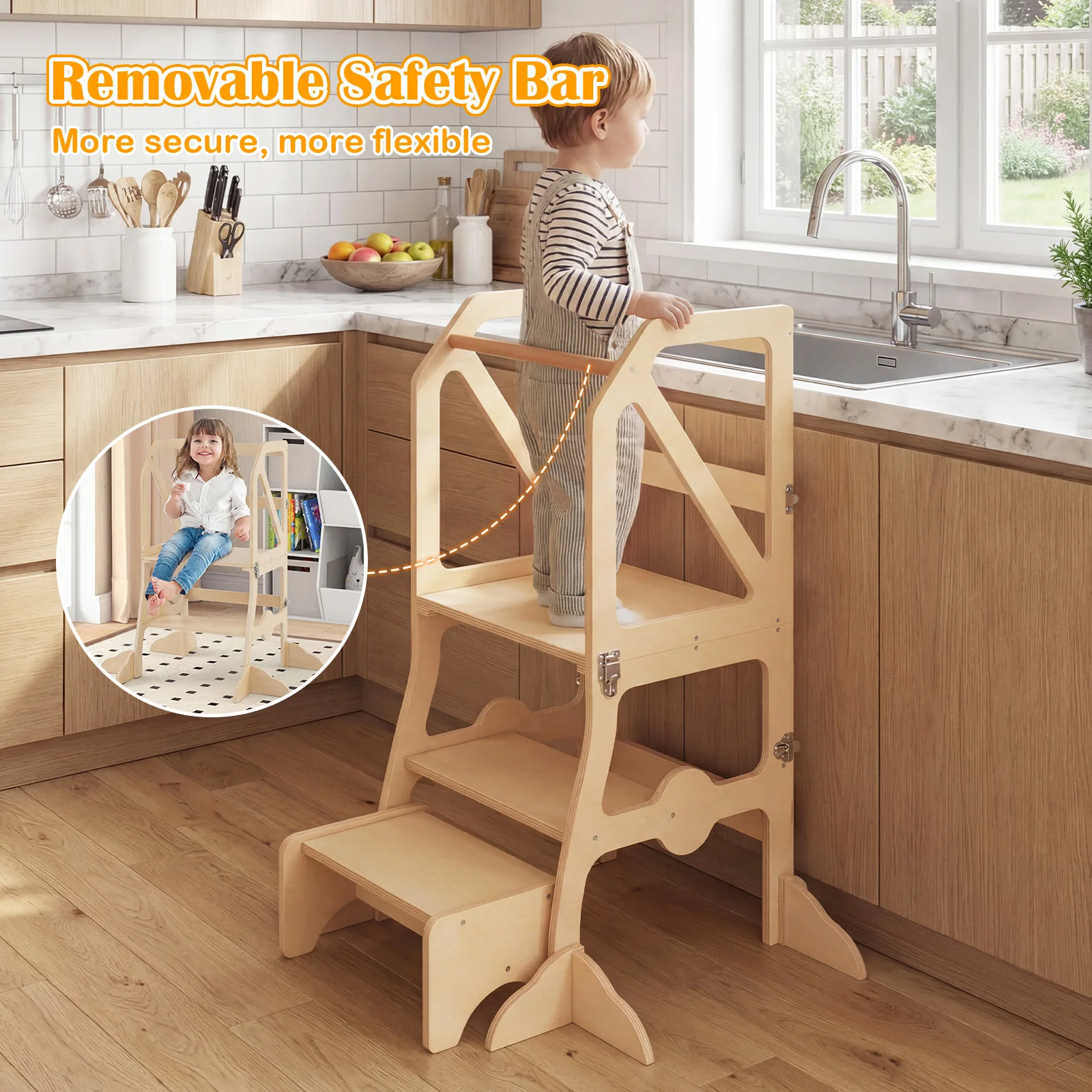Foldable Kids Kitchen Step Stool Helper with Removable Safety Bar and Chair Set for Children 3+ Years Old - Image 7