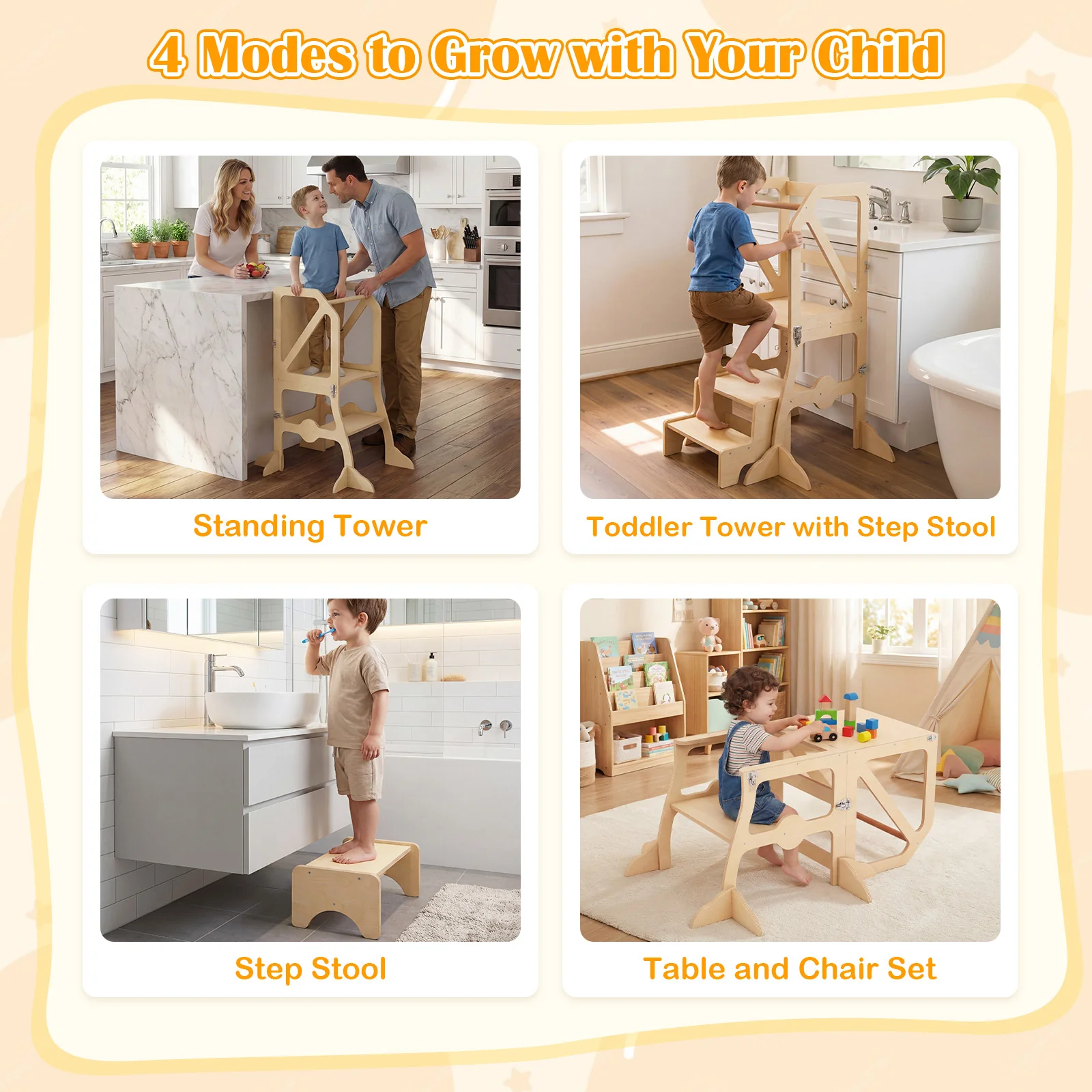 Foldable Kids Kitchen Step Stool Helper with Removable Safety Bar and Chair Set for Children 3+ Years Old - Image 8
