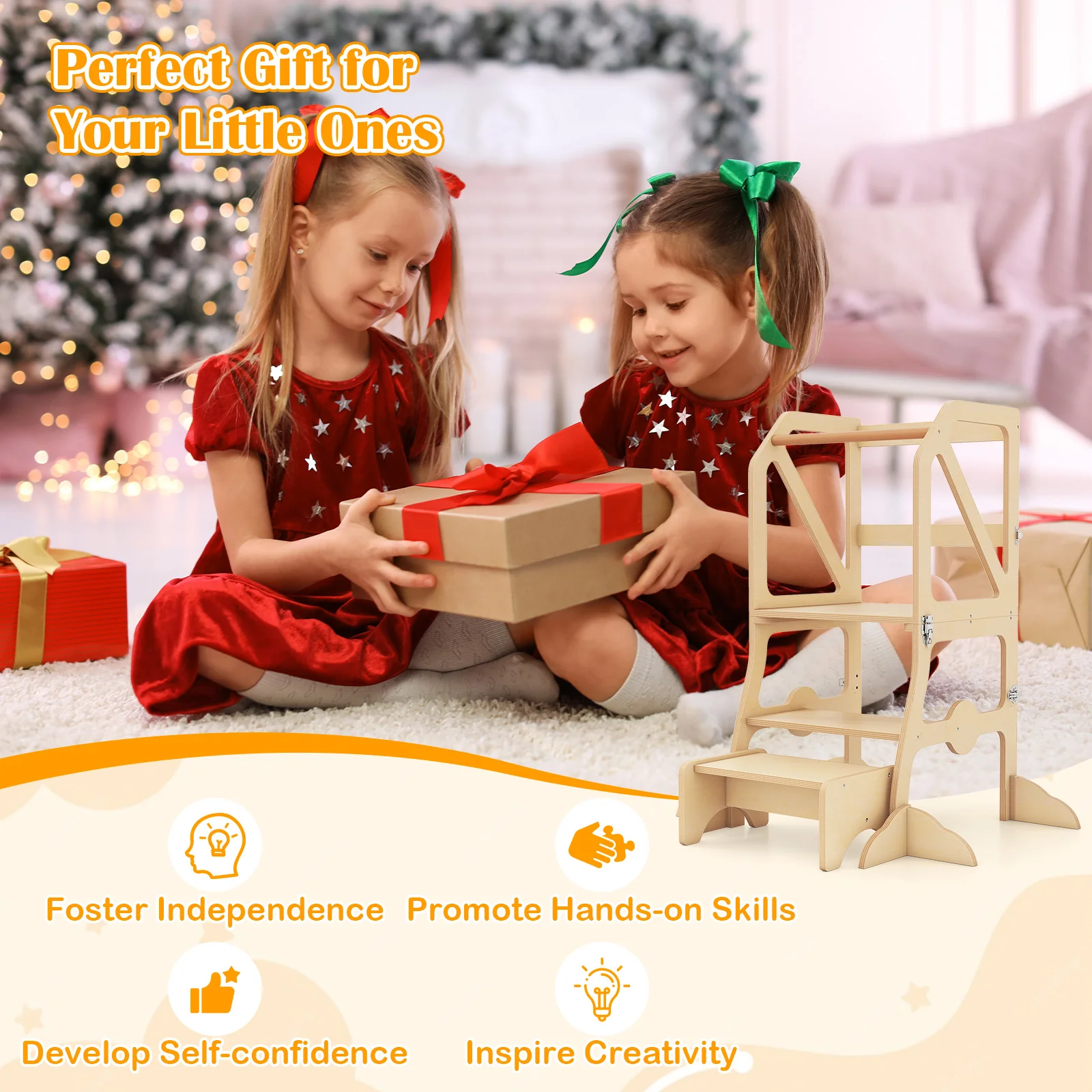 Foldable Kids Kitchen Step Stool Helper with Removable Safety Bar and Chair Set for Children 3+ Years Old - Image 9