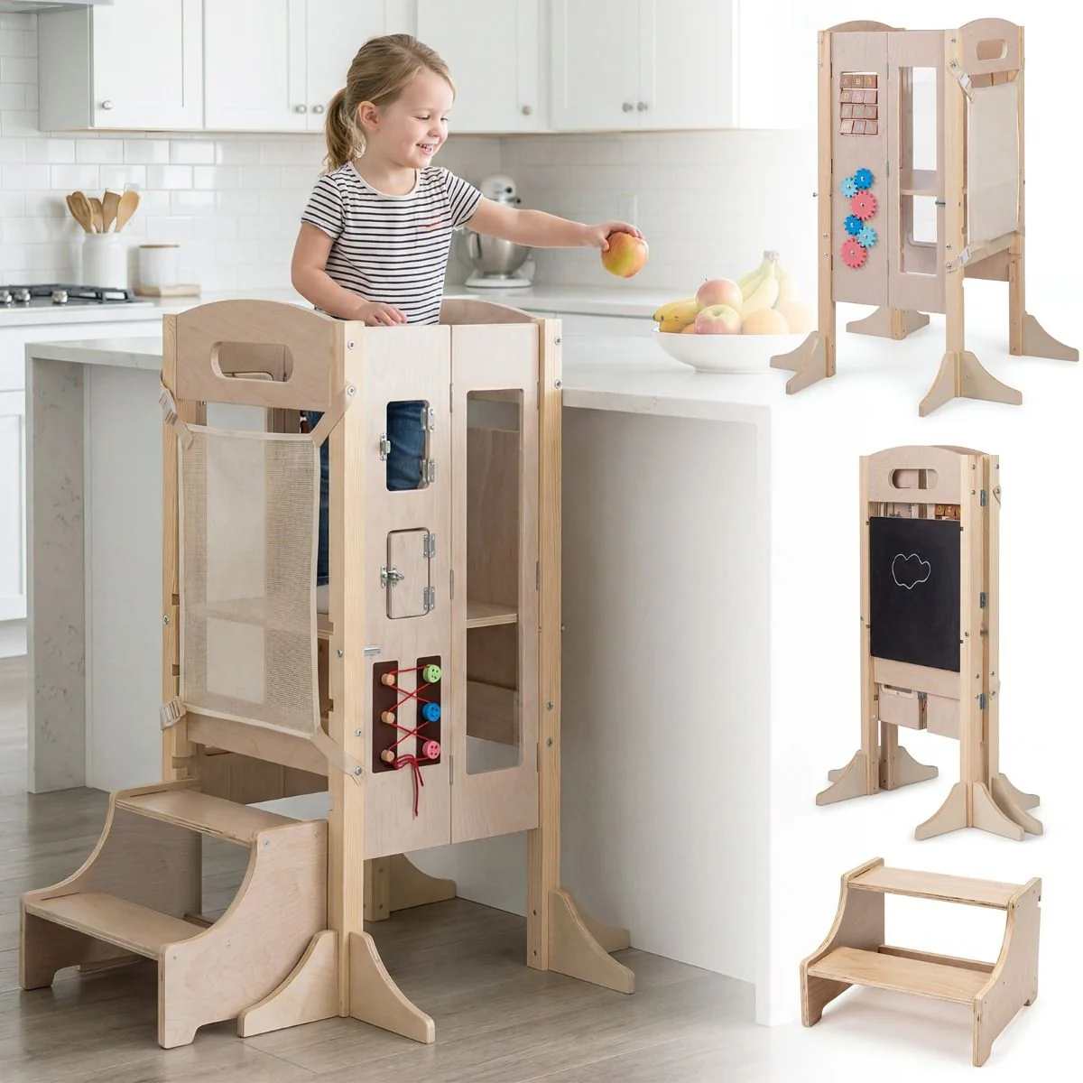 Foldable Learning Tower Toddler Tower w/ Adjustable Height and Detachable Safety Net