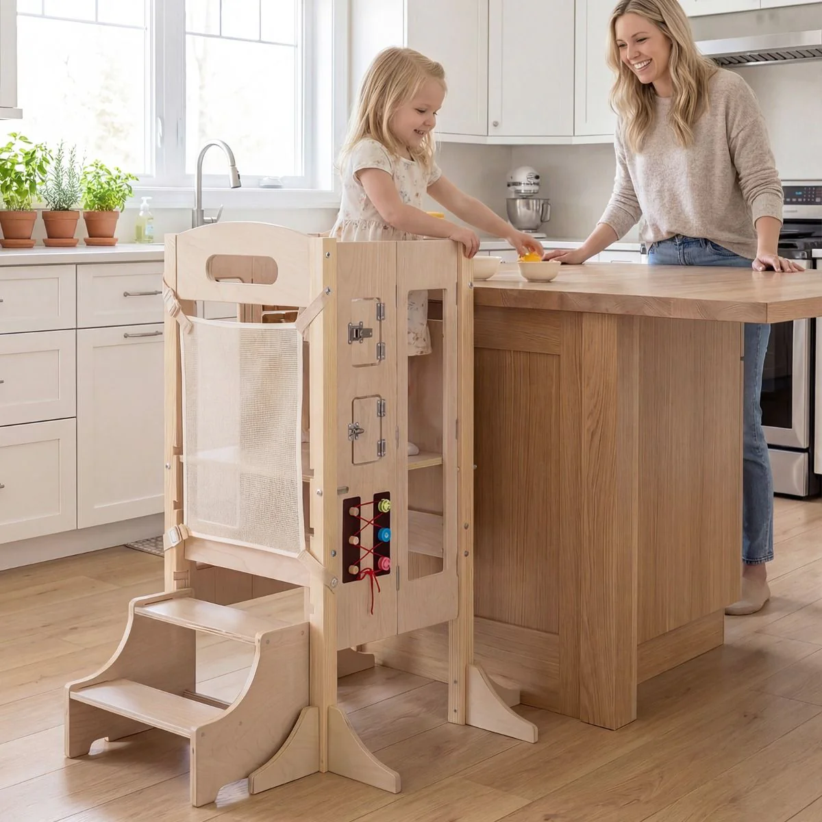 Foldable Learning Tower Toddler Tower w/ Adjustable Height and Detachable Safety Net - Image 2