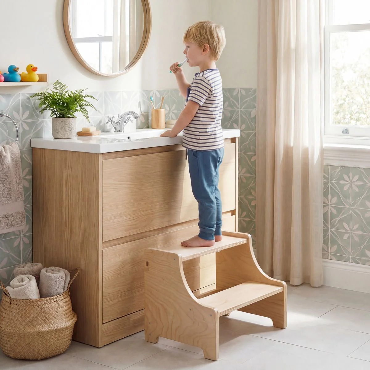 Foldable Learning Tower Toddler Tower w/ Adjustable Height and Detachable Safety Net - Image 3