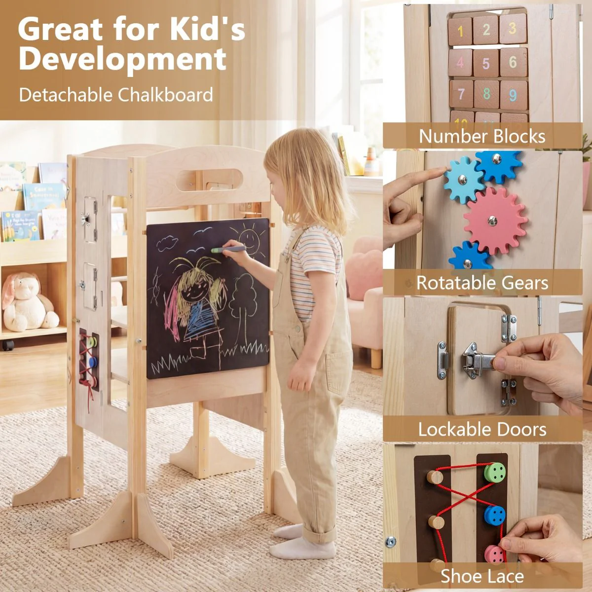 Foldable Learning Tower Toddler Tower w/ Adjustable Height and Detachable Safety Net - Image 4