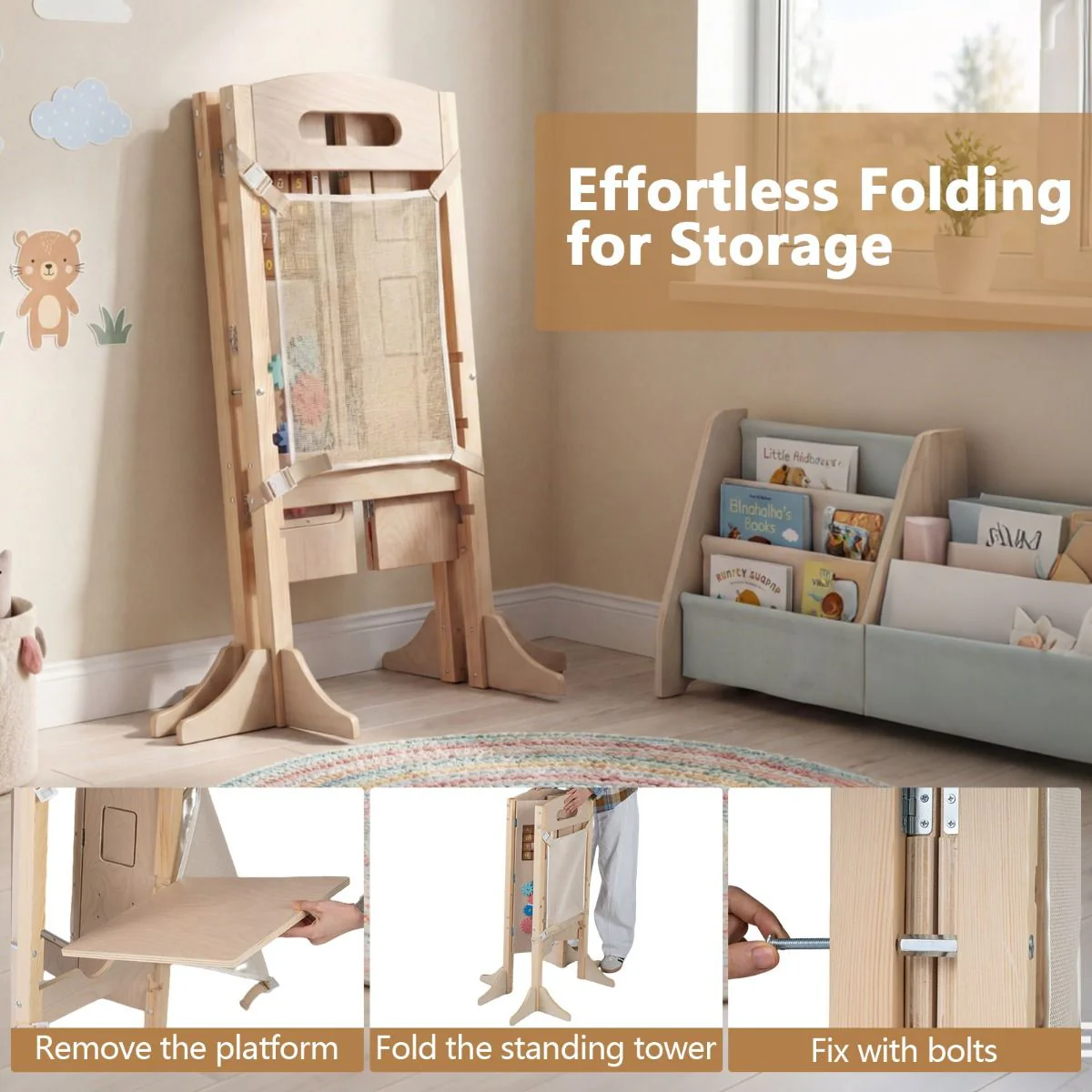 Foldable Learning Tower Toddler Tower w/ Adjustable Height and Detachable Safety Net - Image 5