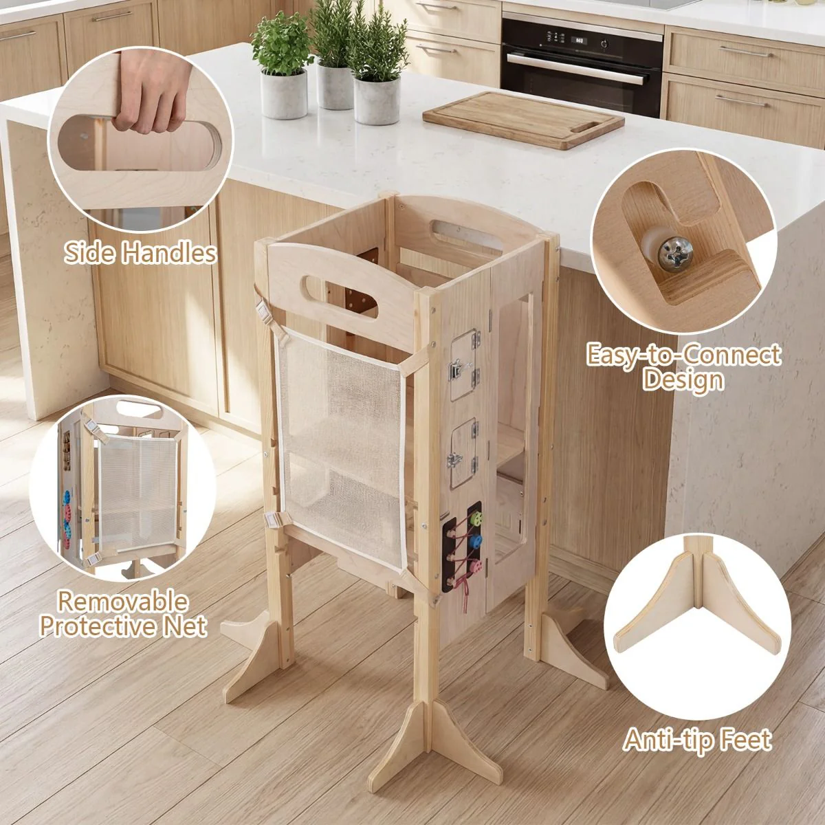 Foldable Learning Tower Toddler Tower w/ Adjustable Height and Detachable Safety Net - Image 6