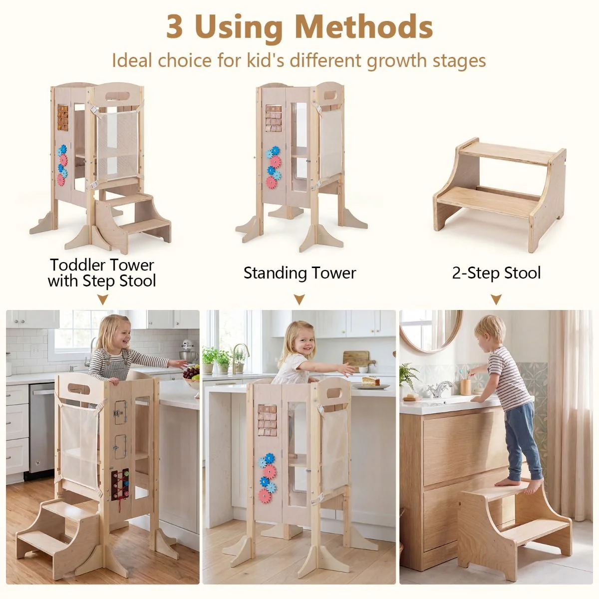 Foldable Learning Tower Toddler Tower w/ Adjustable Height and Detachable Safety Net - Image 7