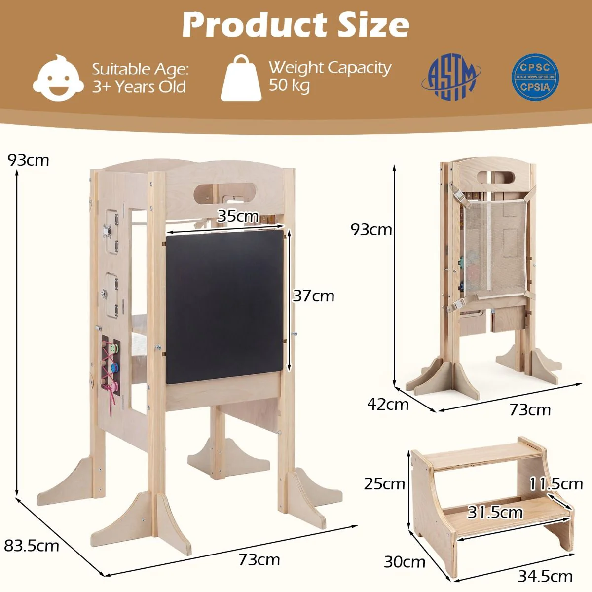 Foldable Learning Tower Toddler Tower w/ Adjustable Height and Detachable Safety Net - Image 9