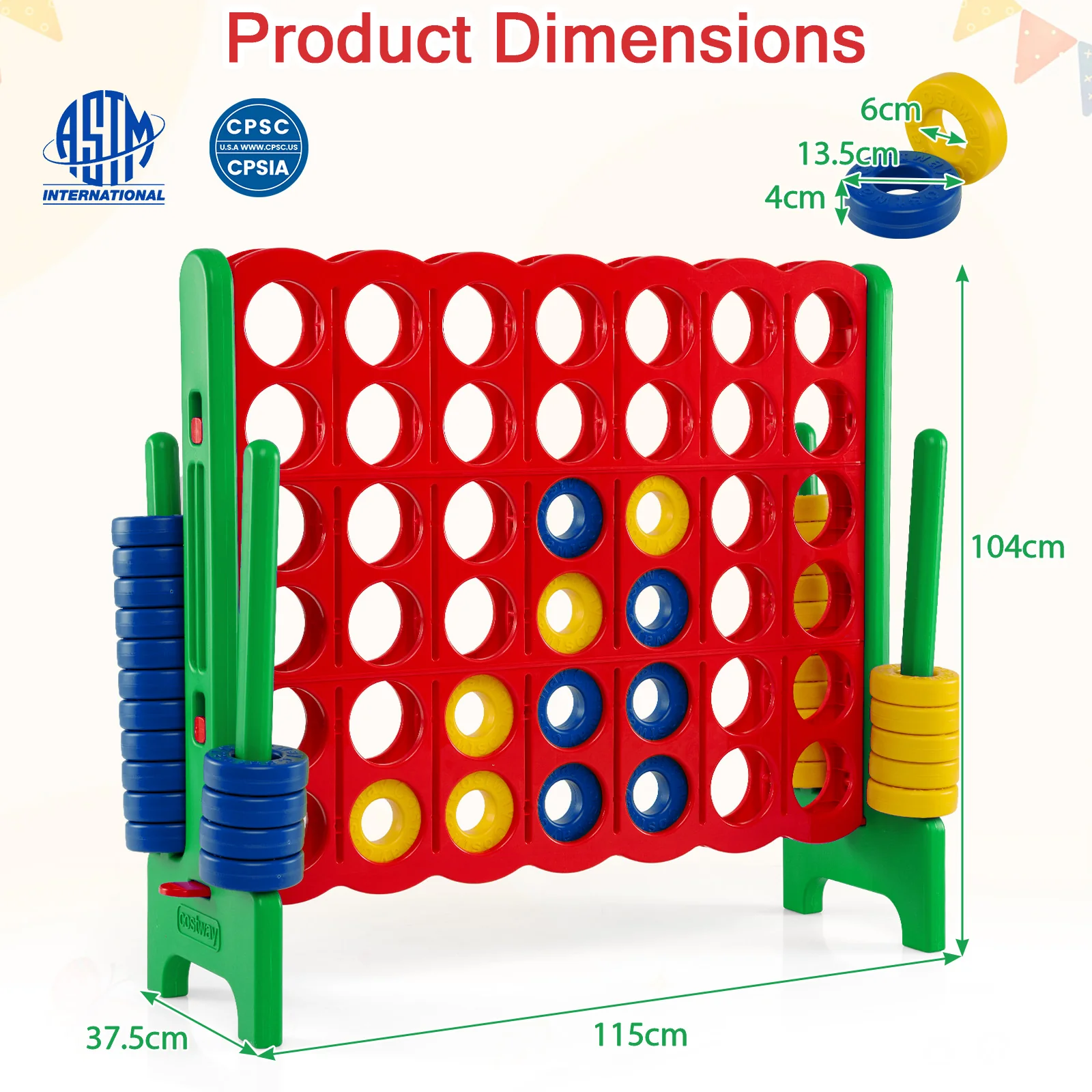 Giant 4-in-a-Row Game Set, Jumbo 4-to-Score Game with 42 Rings and Quick-Release Slider for Kids and Adults - Image 4