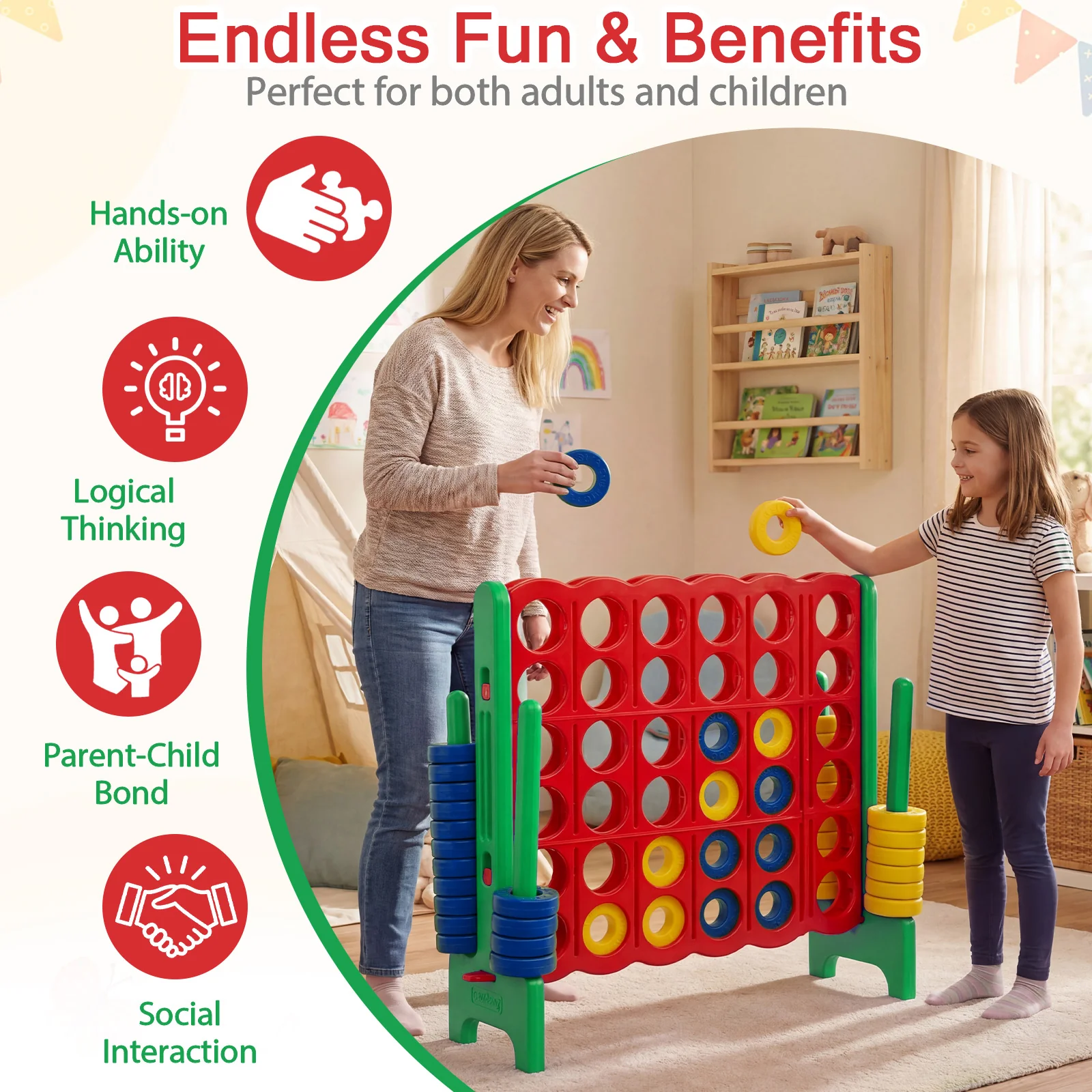Giant 4-in-a-Row Game Set, Jumbo 4-to-Score Game with 42 Rings and Quick-Release Slider for Kids and Adults - Image 6