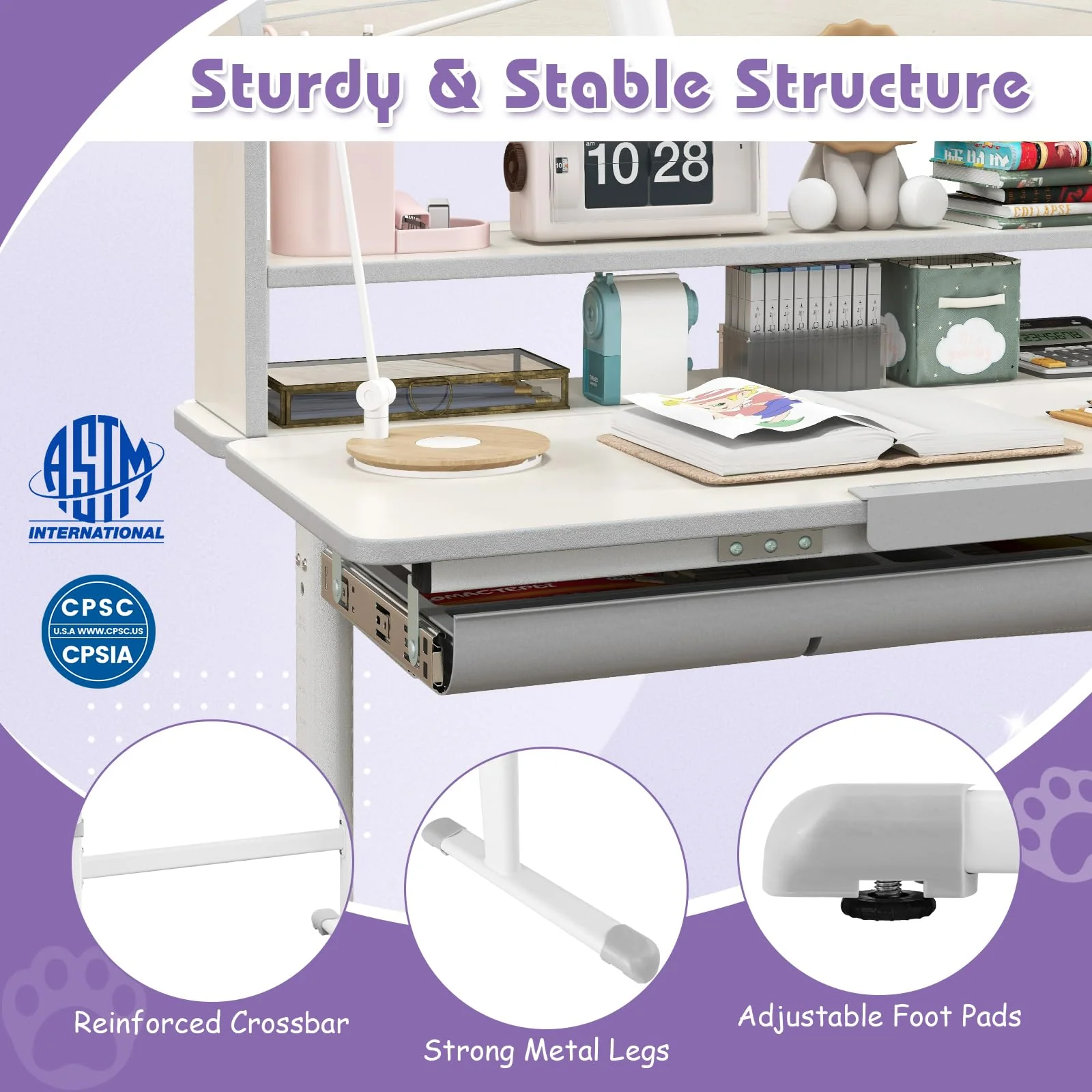 Height Adjustable Children Writing Table w/Tilt Desktop, Home School Student Learning Desk w/Hutch - Image 3