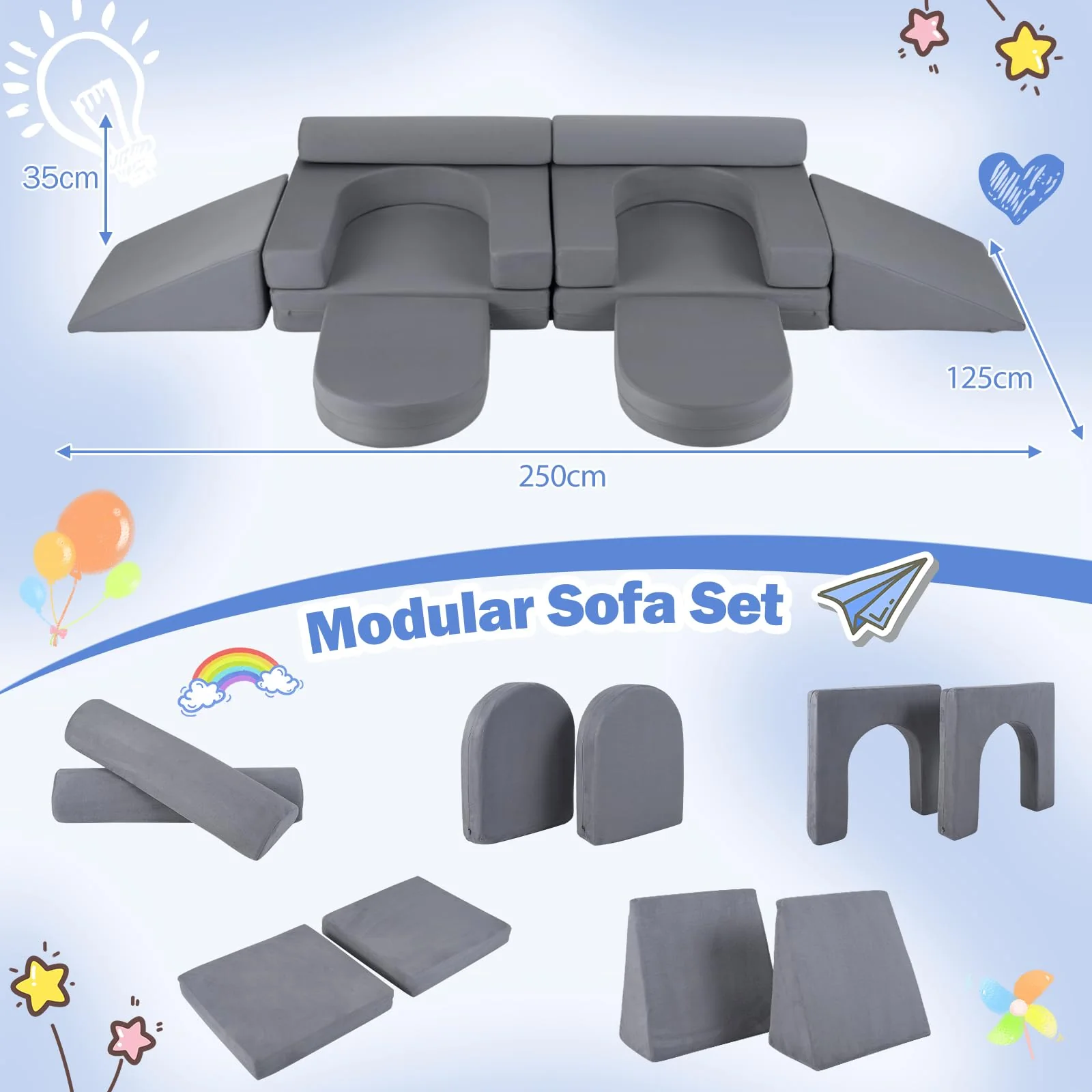 HONEY JOY 10 PCS Modular Kids Play Couch Toddler Climb & Crawl Foam Playset - Image 3