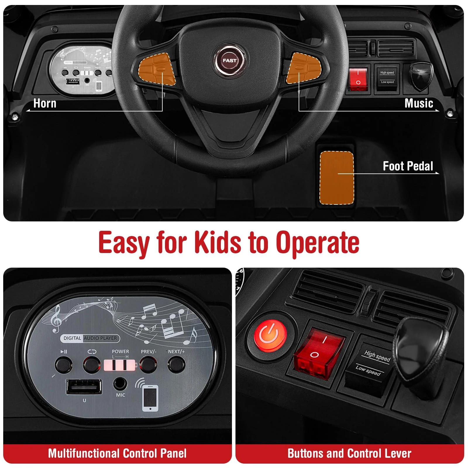 HONEY JOY 12V Kids Ride on Car, Battery Powered UTV Kids Truck w/Parental Remote - Image 3