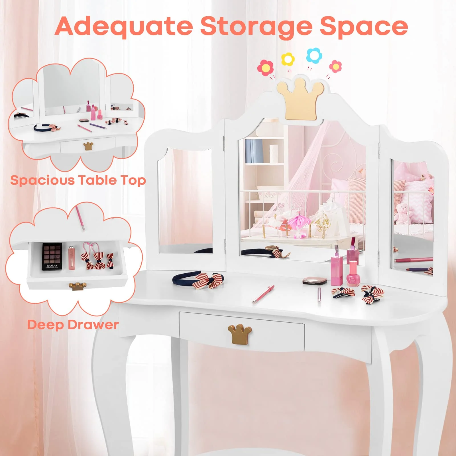 HONEY JOY 2-in-1 Kids Dressing Table & Stool Set, Toddler Wooden Vanity Table with Tri-Fold Mirror & Drawer - Image 5