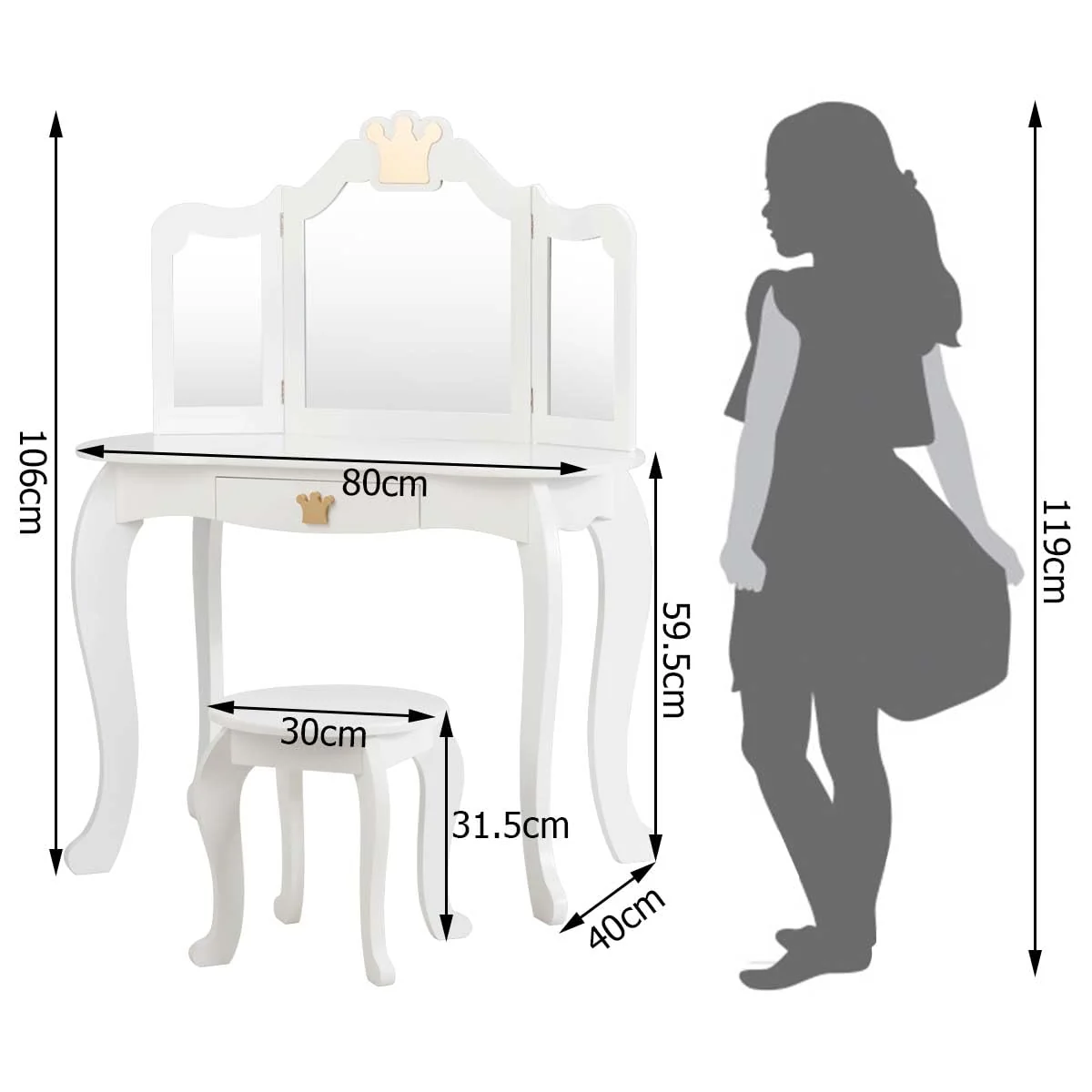 HONEY JOY 2-in-1 Kids Dressing Table & Stool Set, Toddler Wooden Vanity Table with Tri-Fold Mirror & Drawer - Image 6