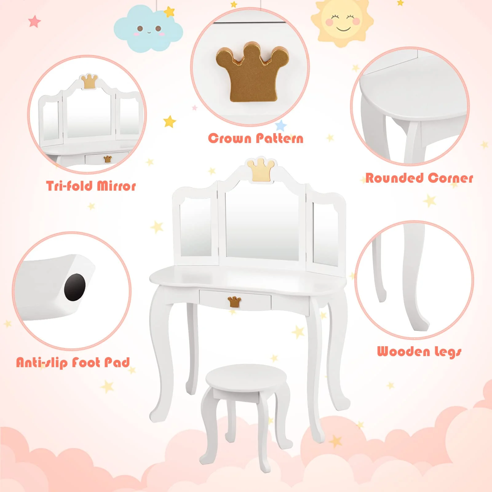 HONEY JOY 2-in-1 Kids Dressing Table & Stool Set, Toddler Wooden Vanity Table with Tri-Fold Mirror & Drawer - Image 7