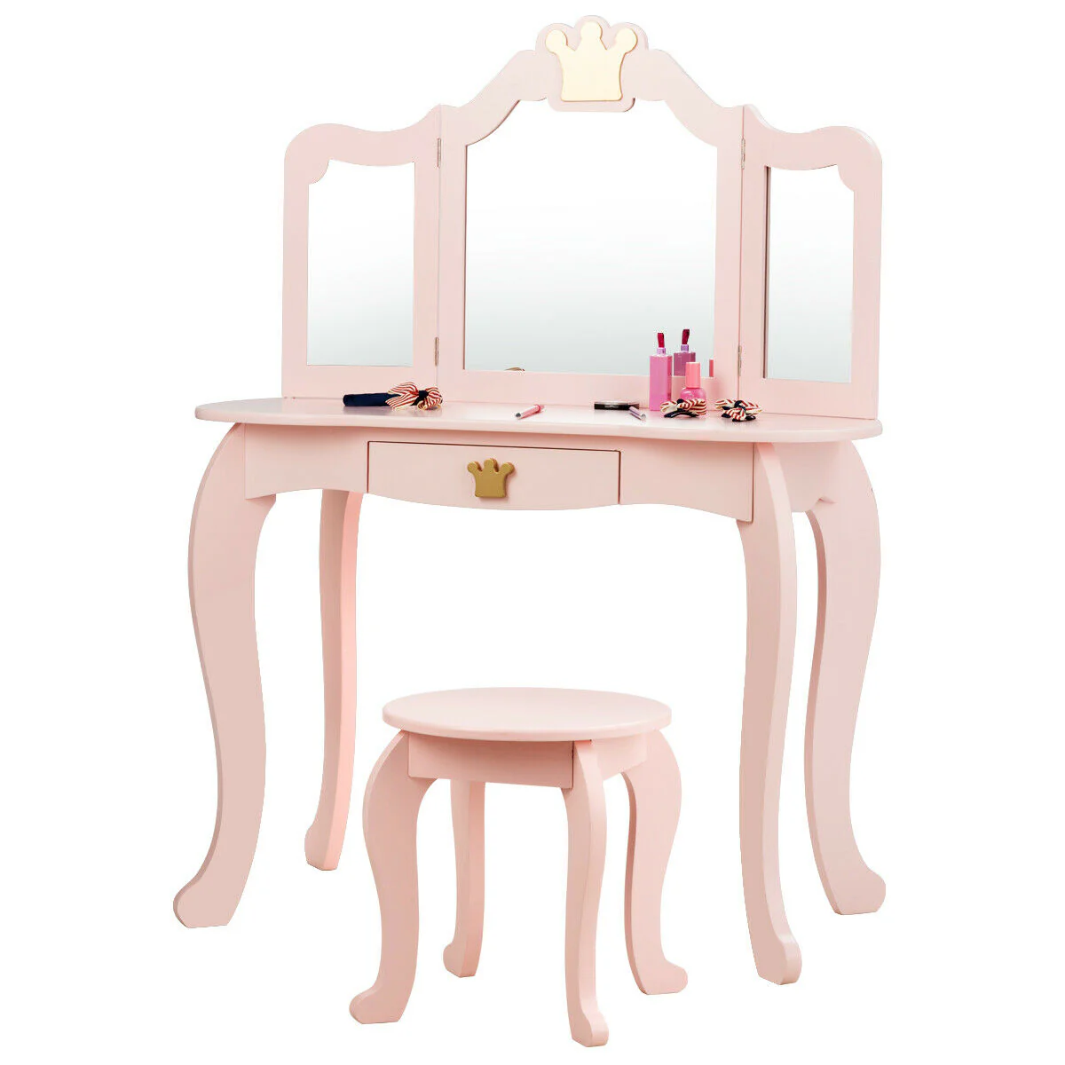 HONEY JOY 2-in-1 Kids Dressing Table & Stool Set, Toddler Wooden Vanity Table with Tri-Fold Mirror & Drawer - Image 8