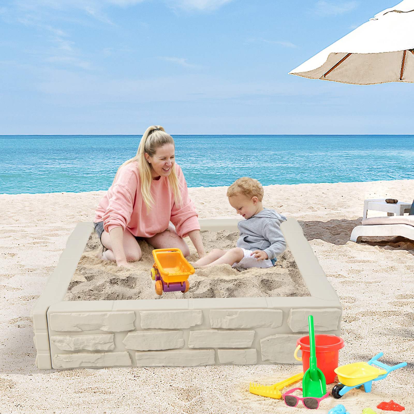 HONEY JOY 2-in-1 Kids Sandbox Outdoor Play HDPE Sandpit w/Waterproof Cover - Image 2