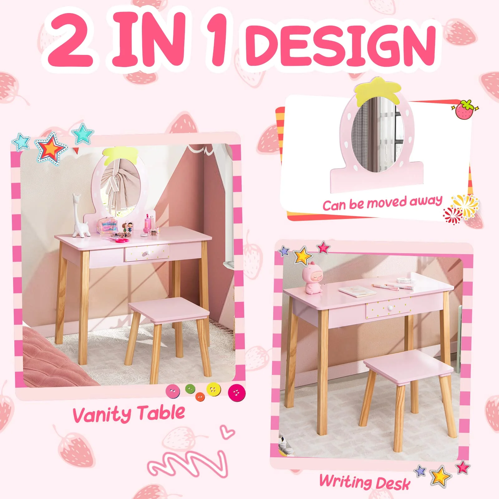 HONEY JOY 2-in-1 Kids Vanity Set, Wooden Kids Dressing Table with Stool, Strawberry-Shaped Mirror & Practical Drawer - Image 2