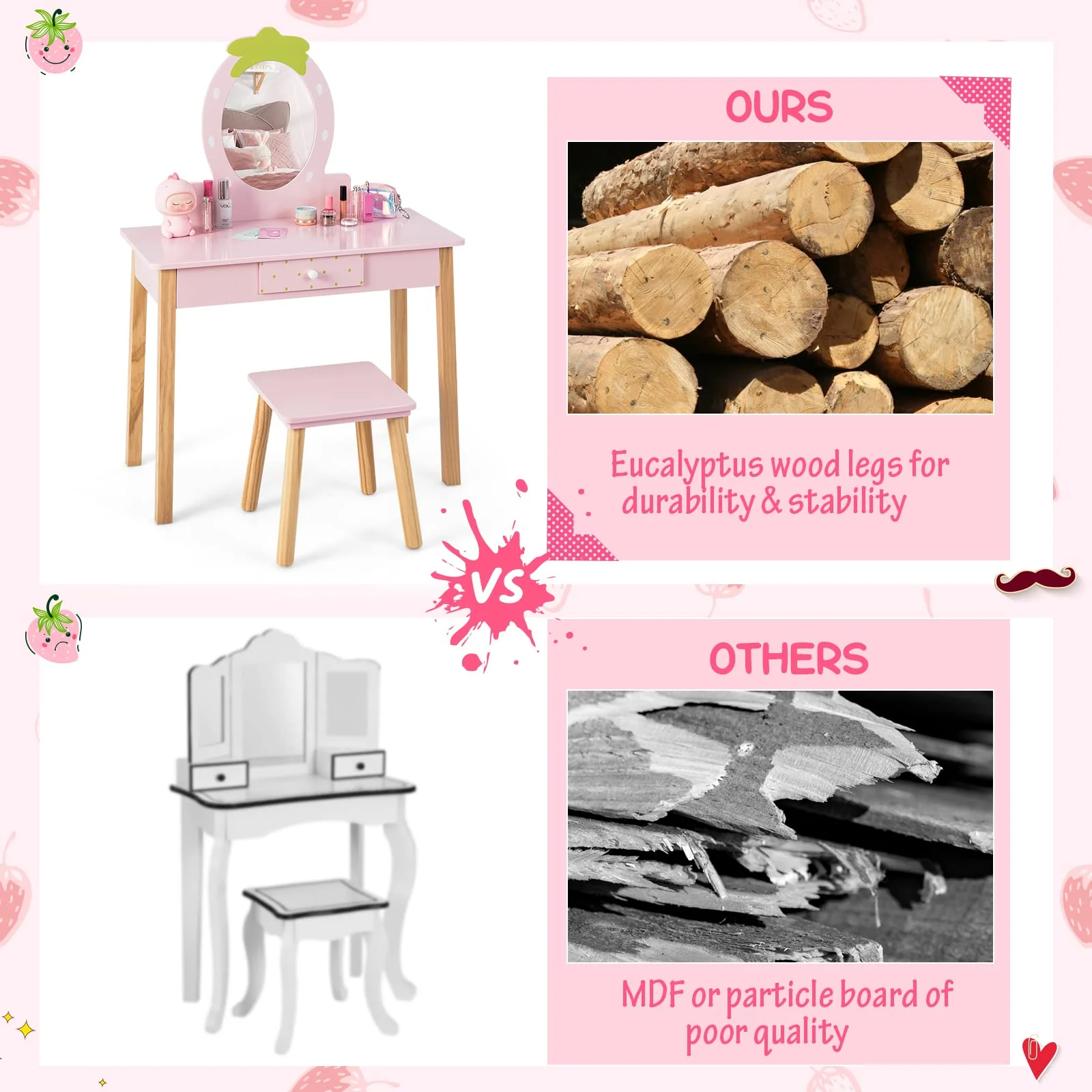 HONEY JOY 2-in-1 Kids Vanity Set, Wooden Kids Dressing Table with Stool, Strawberry-Shaped Mirror & Practical Drawer - Image 3