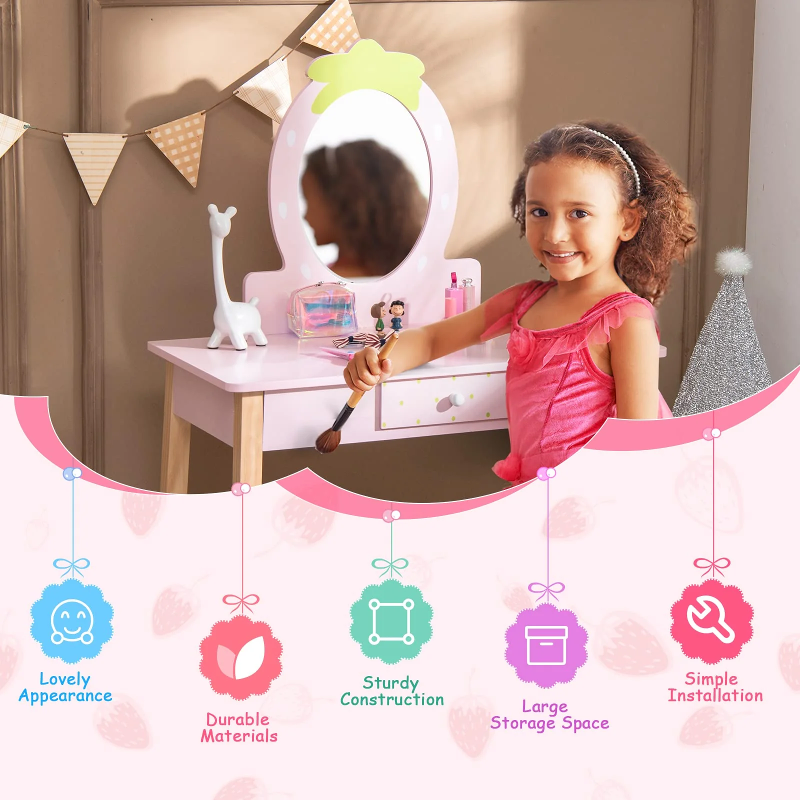 HONEY JOY 2-in-1 Kids Vanity Set, Wooden Kids Dressing Table with Stool, Strawberry-Shaped Mirror & Practical Drawer - Image 4