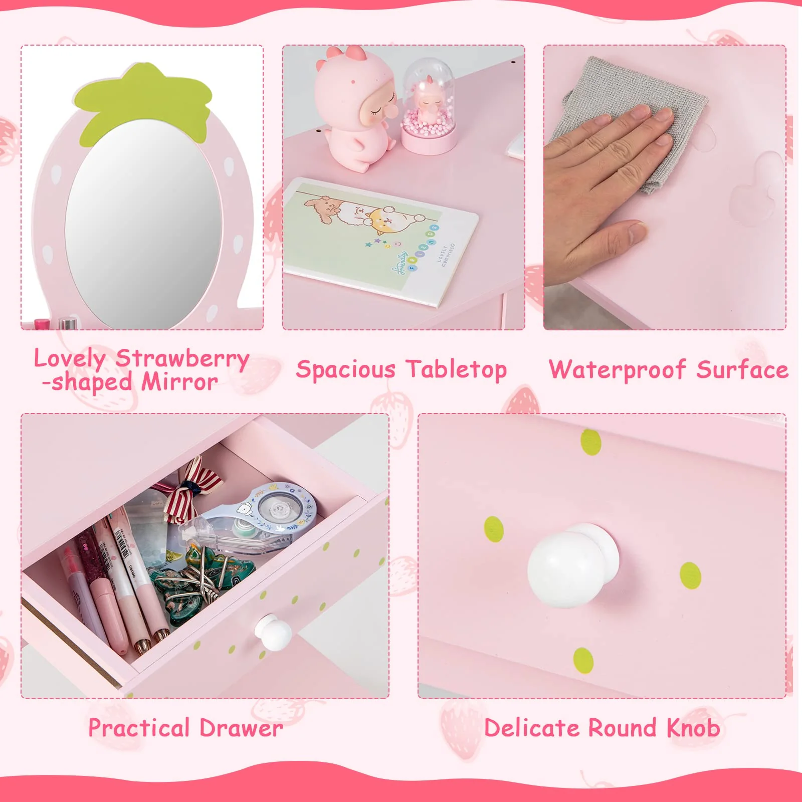 HONEY JOY 2-in-1 Kids Vanity Set, Wooden Kids Dressing Table with Stool, Strawberry-Shaped Mirror & Practical Drawer - Image 5