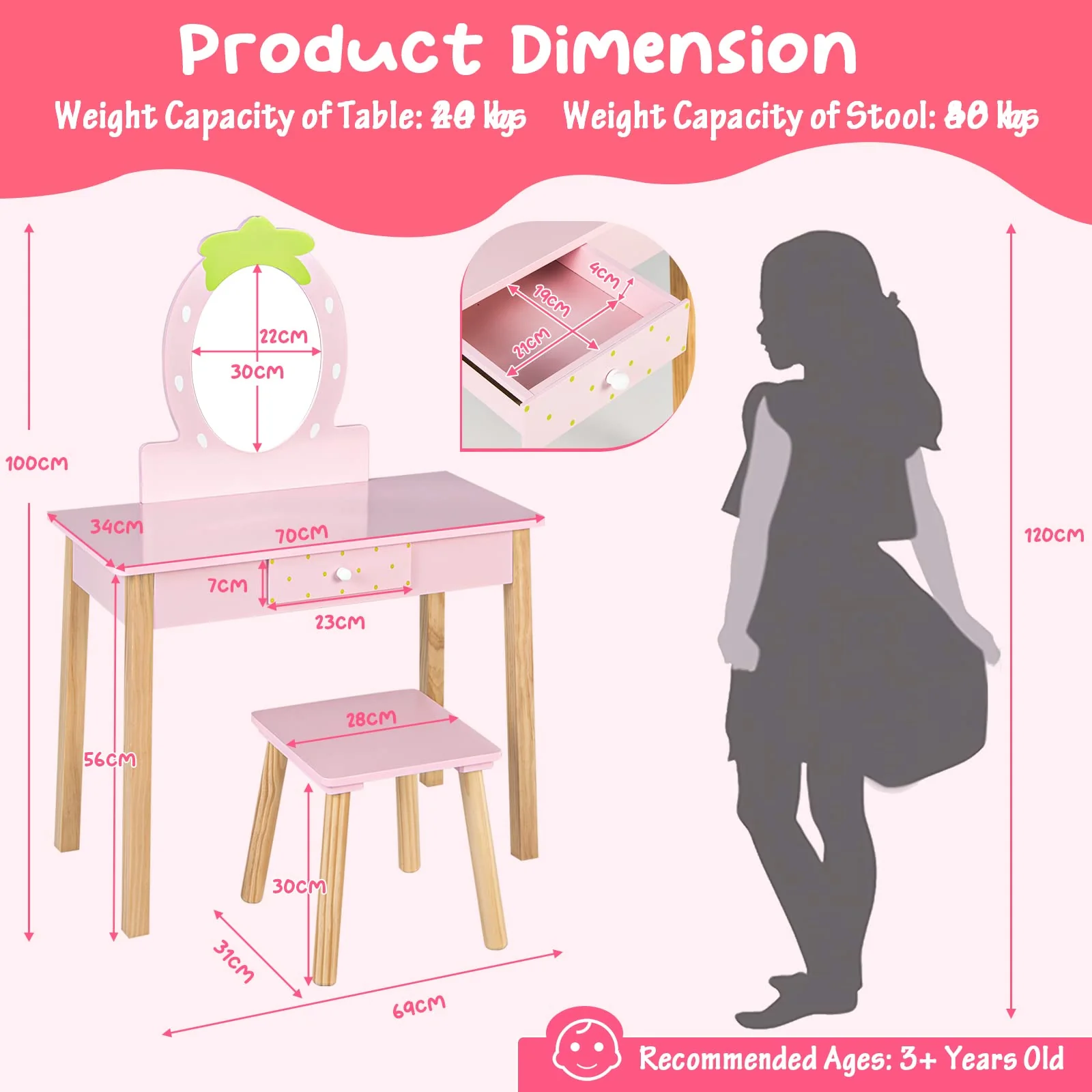 HONEY JOY 2-in-1 Kids Vanity Set, Wooden Kids Dressing Table with Stool, Strawberry-Shaped Mirror & Practical Drawer - Image 6