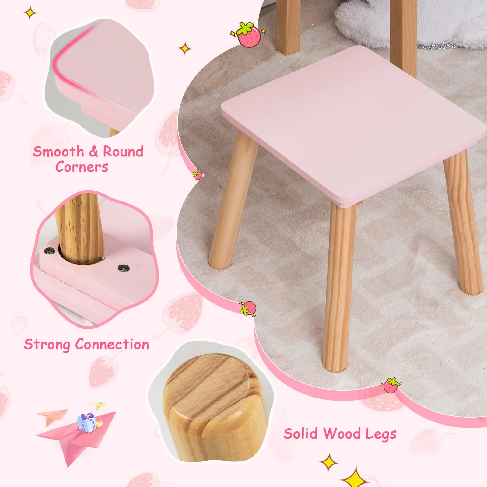 HONEY JOY 2-in-1 Kids Vanity Set, Wooden Kids Dressing Table with Stool, Strawberry-Shaped Mirror & Practical Drawer - Image 7