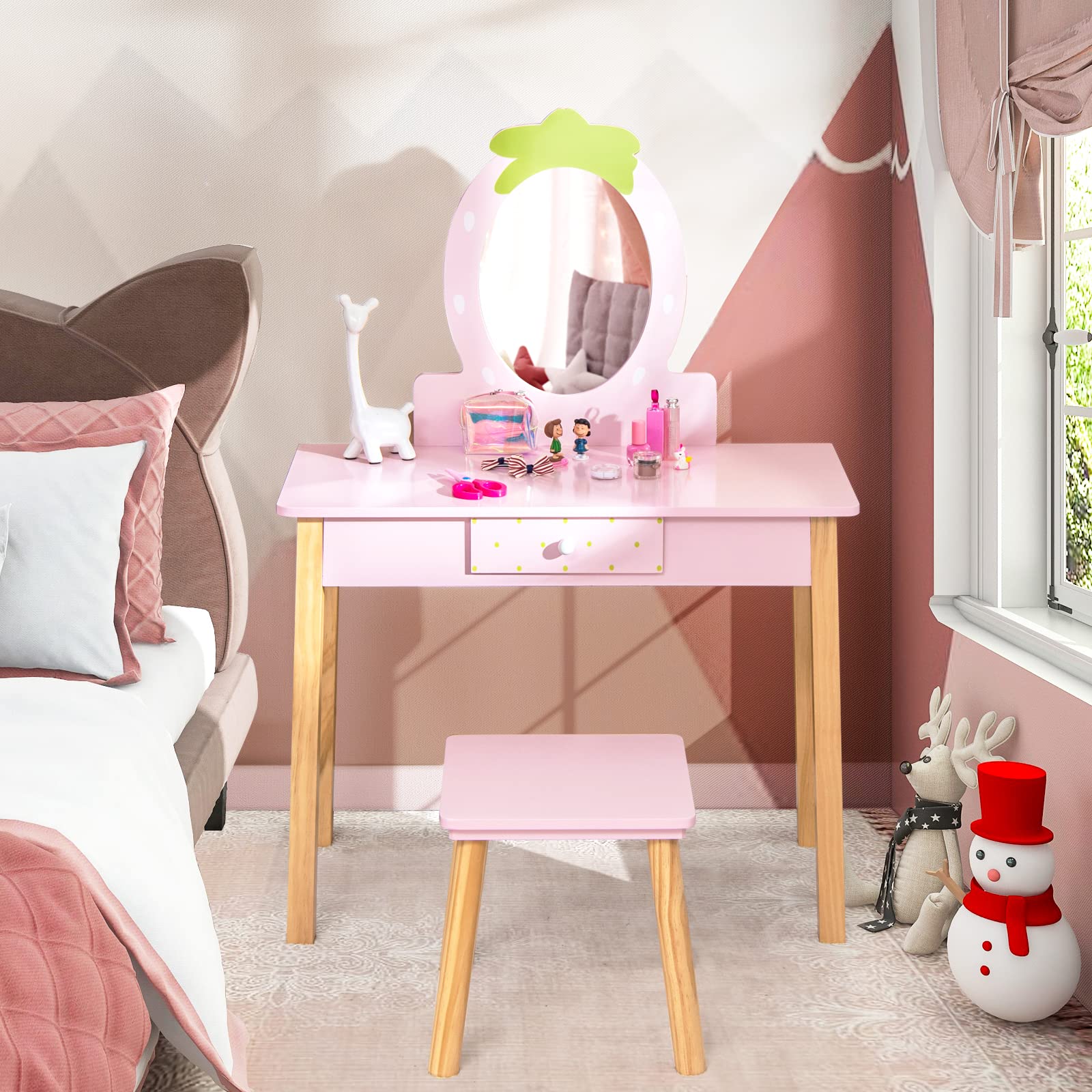 HONEY JOY 2-in-1 Kids Vanity Set, Wooden Kids Dressing Table with Stool, Strawberry-Shaped Mirror & Practical Drawer - Image 8