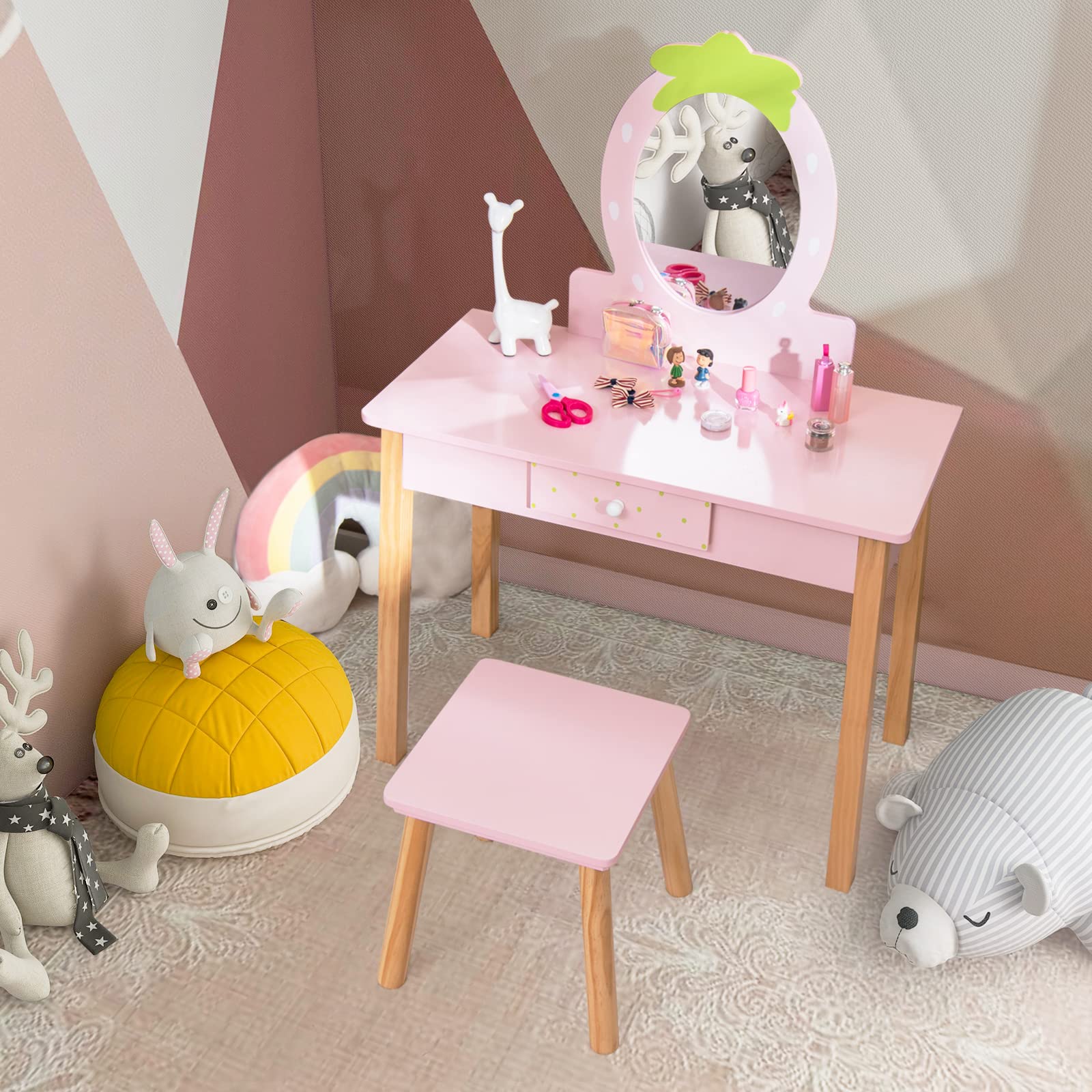 HONEY JOY 2-in-1 Kids Vanity Set, Wooden Kids Dressing Table with Stool, Strawberry-Shaped Mirror & Practical Drawer - Image 9