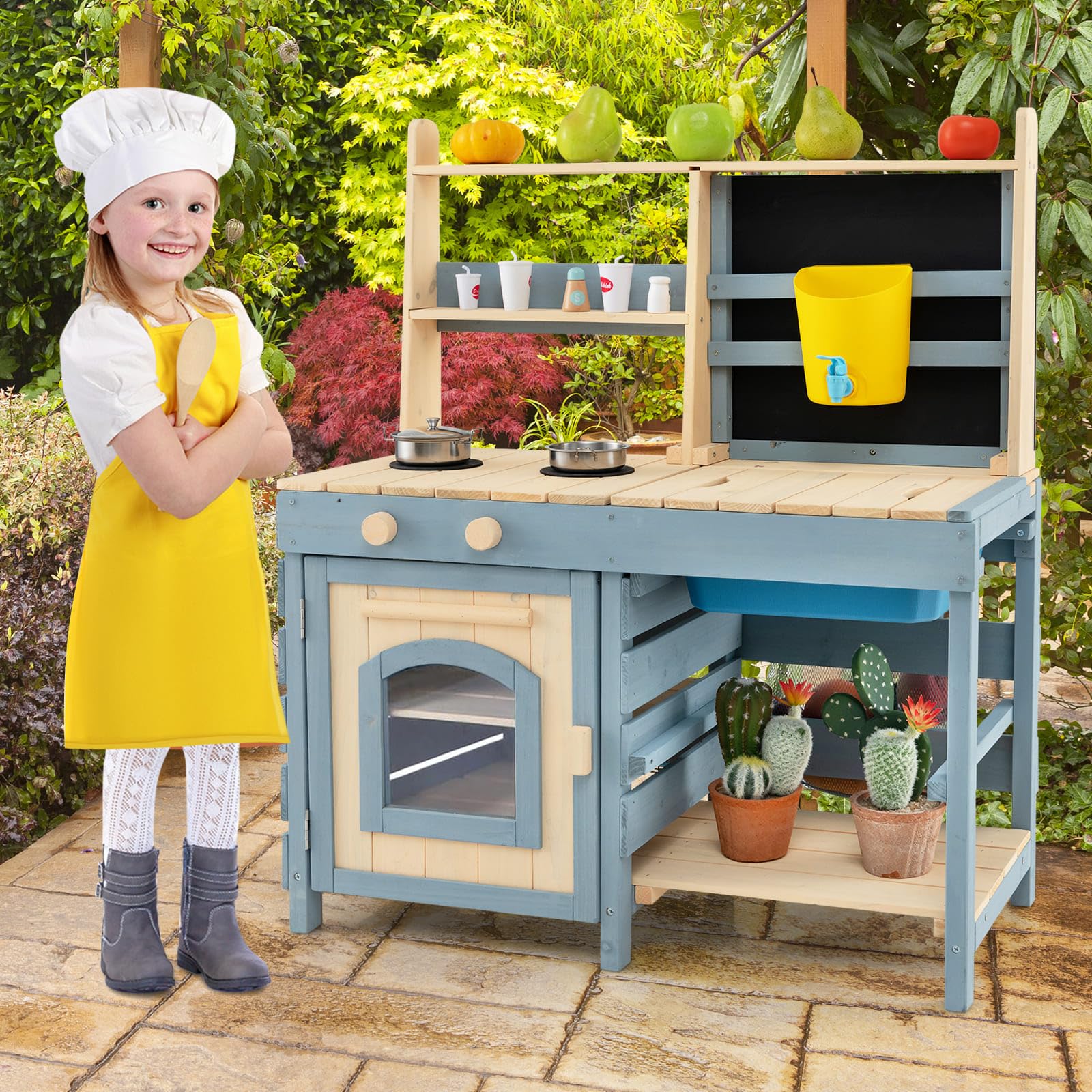 HONEY JOY 2-in-1 Outdoor Mud Kitchen, Kids Play Kitchen & Grocery Store with Faucet & Removable Sink, Metal Baskets & Storage Bag - Image 3
