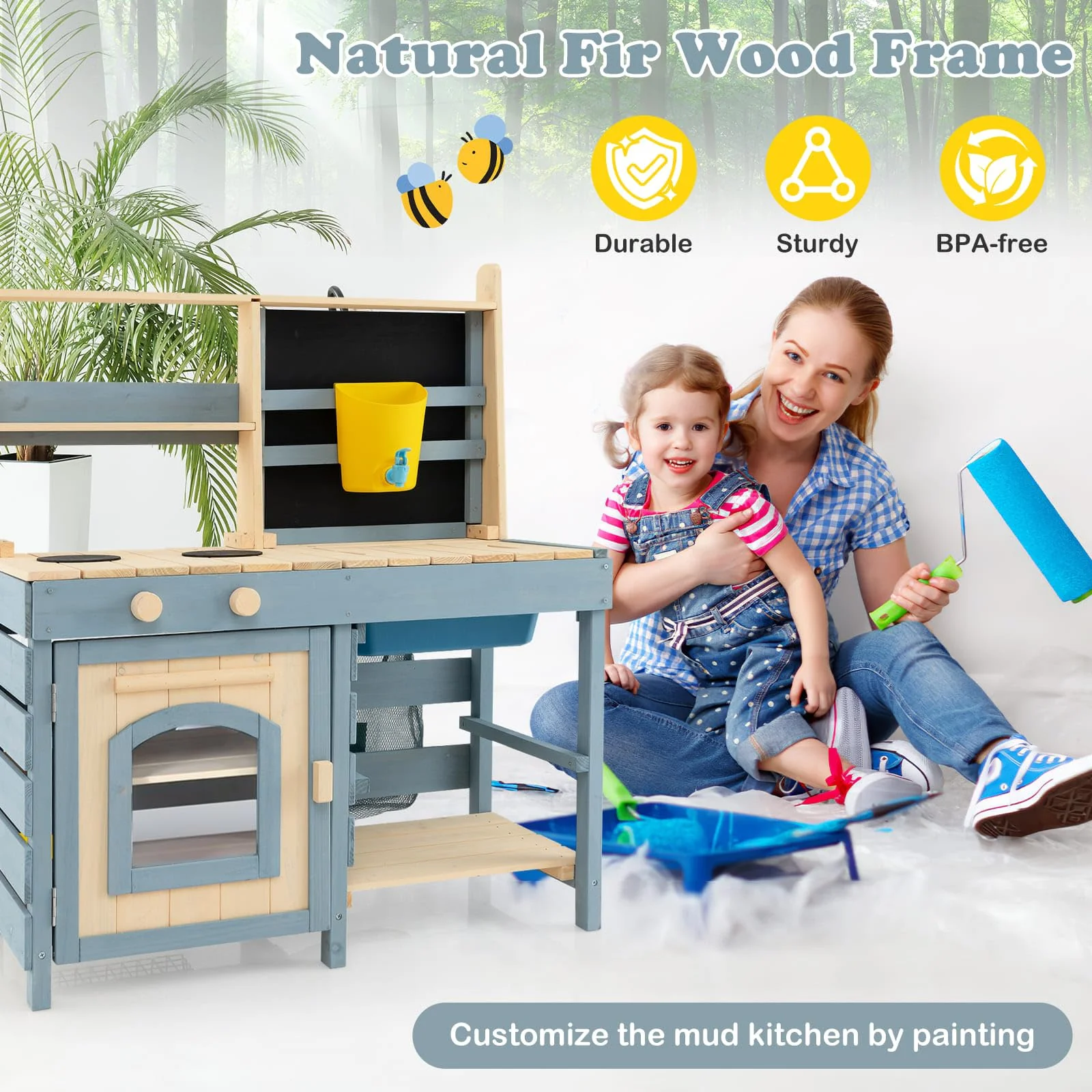 HONEY JOY 2-in-1 Outdoor Mud Kitchen, Kids Play Kitchen & Grocery Store with Faucet & Removable Sink, Metal Baskets & Storage Bag - Image 6