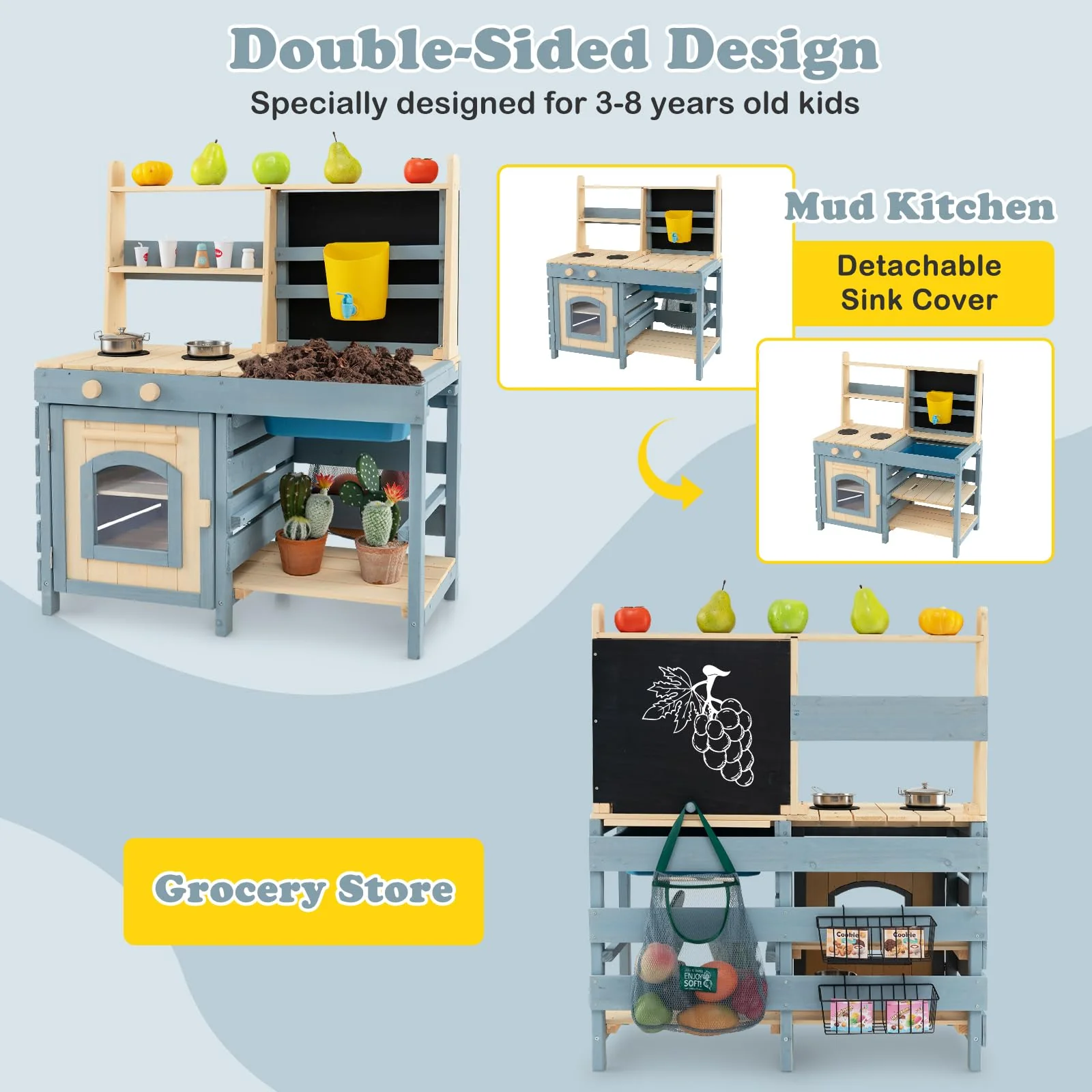 HONEY JOY 2-in-1 Outdoor Mud Kitchen, Kids Play Kitchen & Grocery Store with Faucet & Removable Sink, Metal Baskets & Storage Bag - Image 8