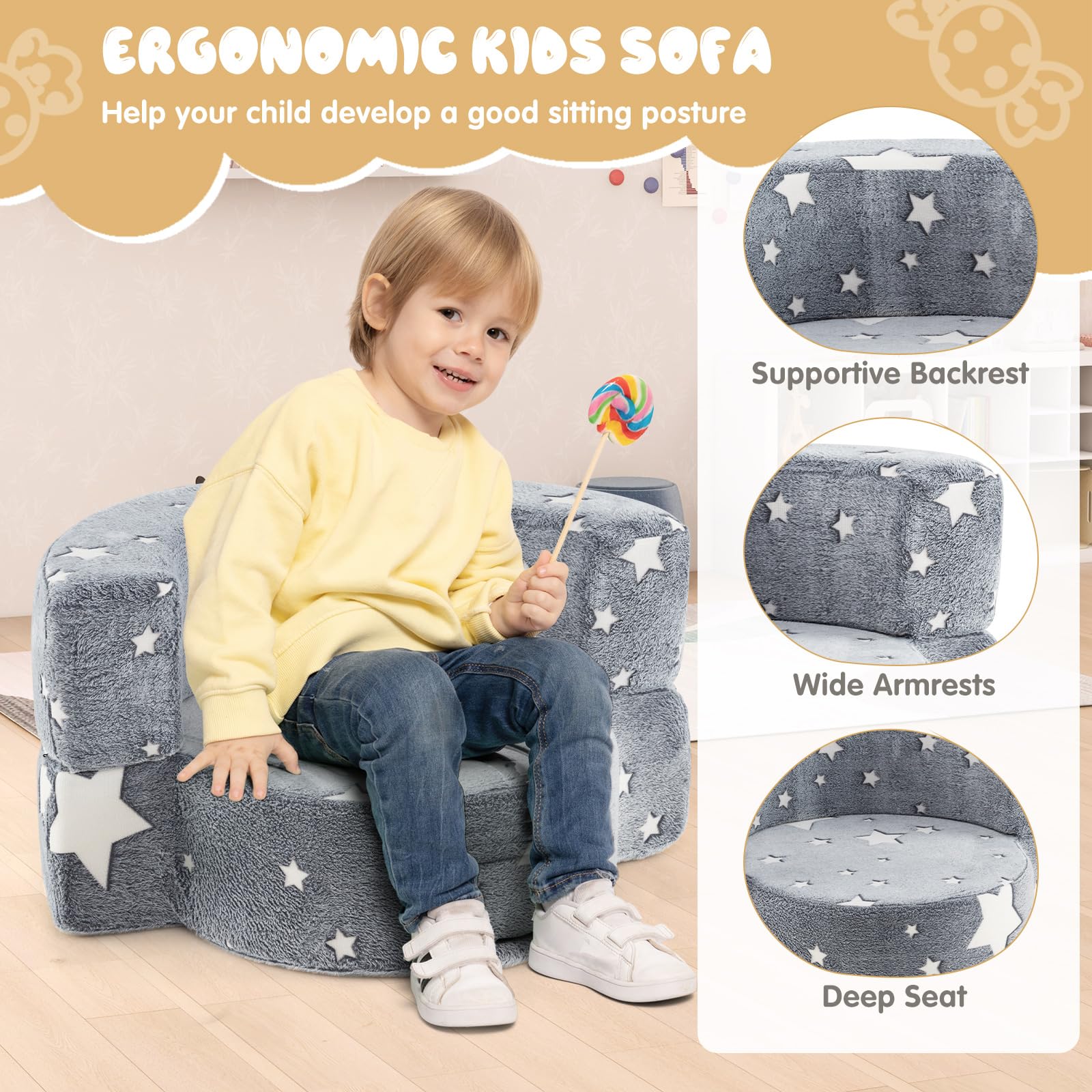 HONEY JOY 2-in-1 Toddler Chair, Glow in The Dark Kids Couch with Removable & Washable Cover - Image 8