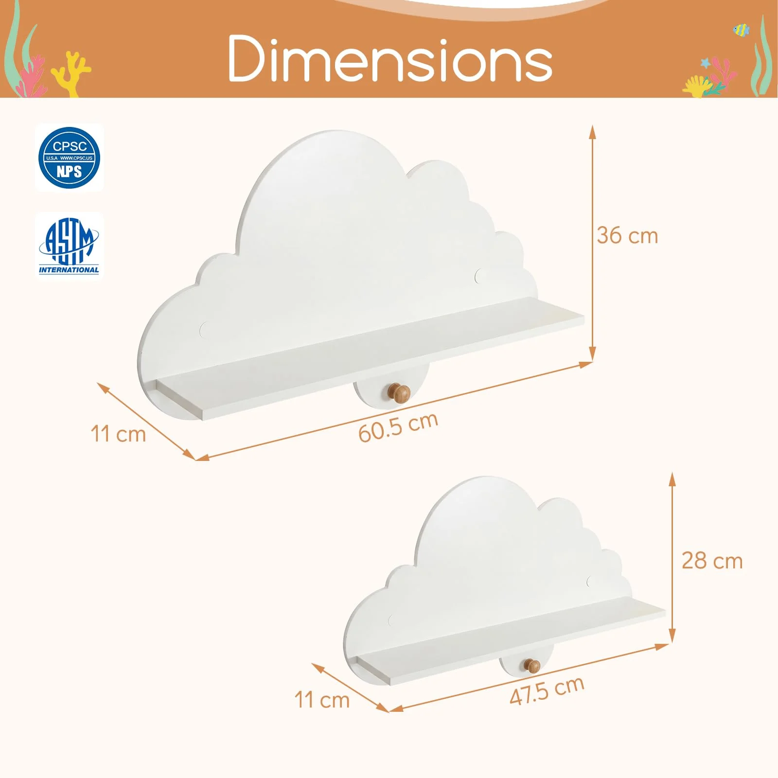 HONEY JOY 2 Pieces Floating Cloud Shelves, Wall Mounted Storage Display Rack - Image 3