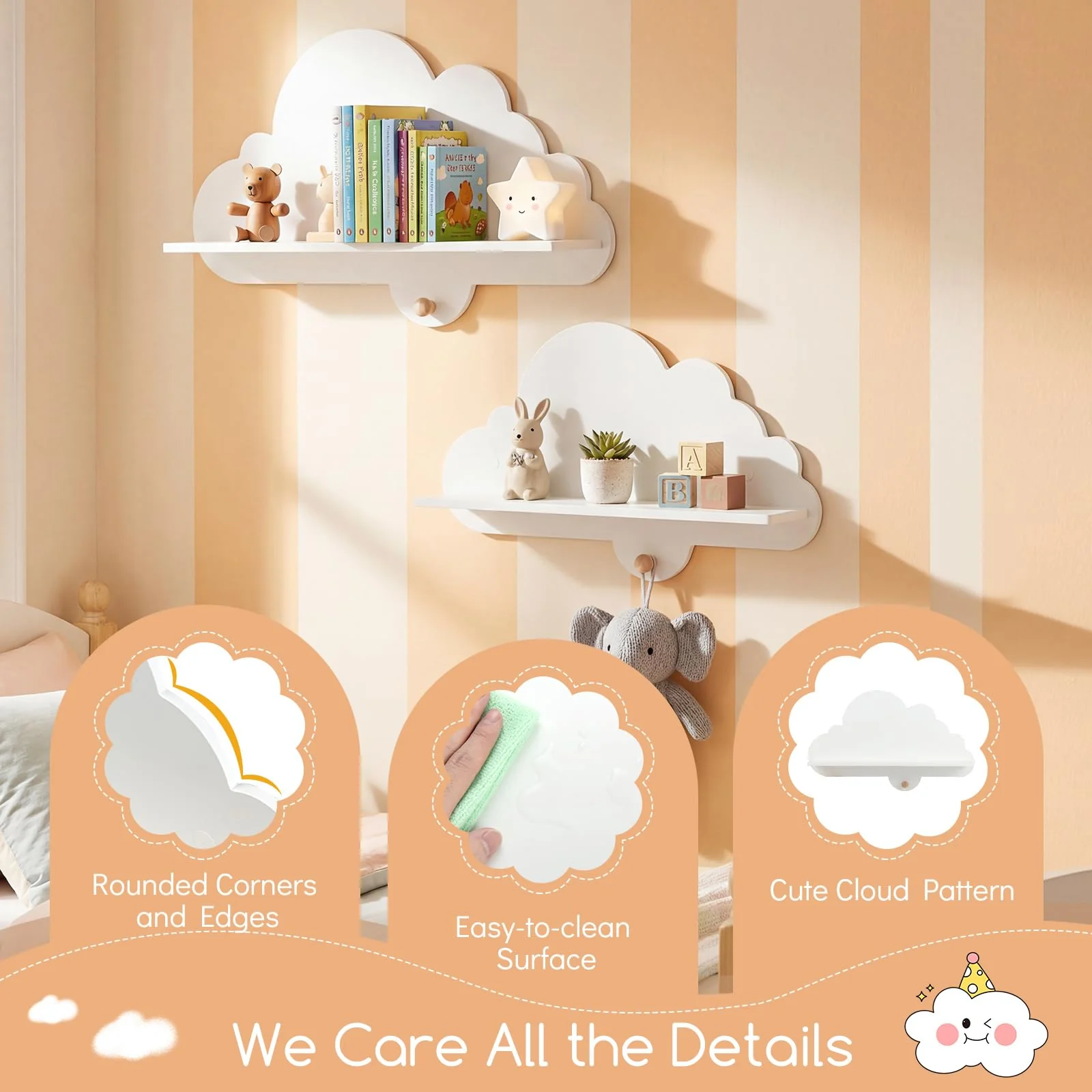 HONEY JOY 2 Pieces Floating Cloud Shelves, Wall Mounted Storage Display Rack - Image 4