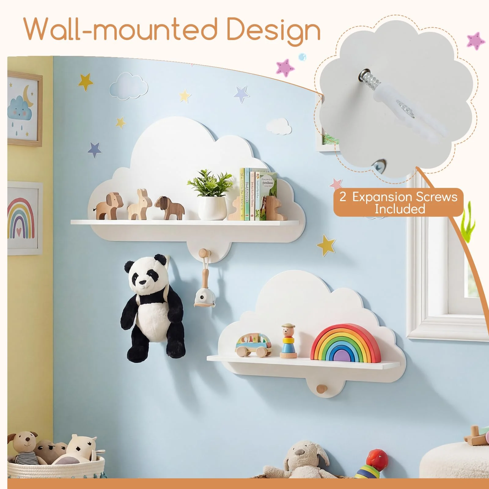 HONEY JOY 2 Pieces Floating Cloud Shelves, Wall Mounted Storage Display Rack - Image 6