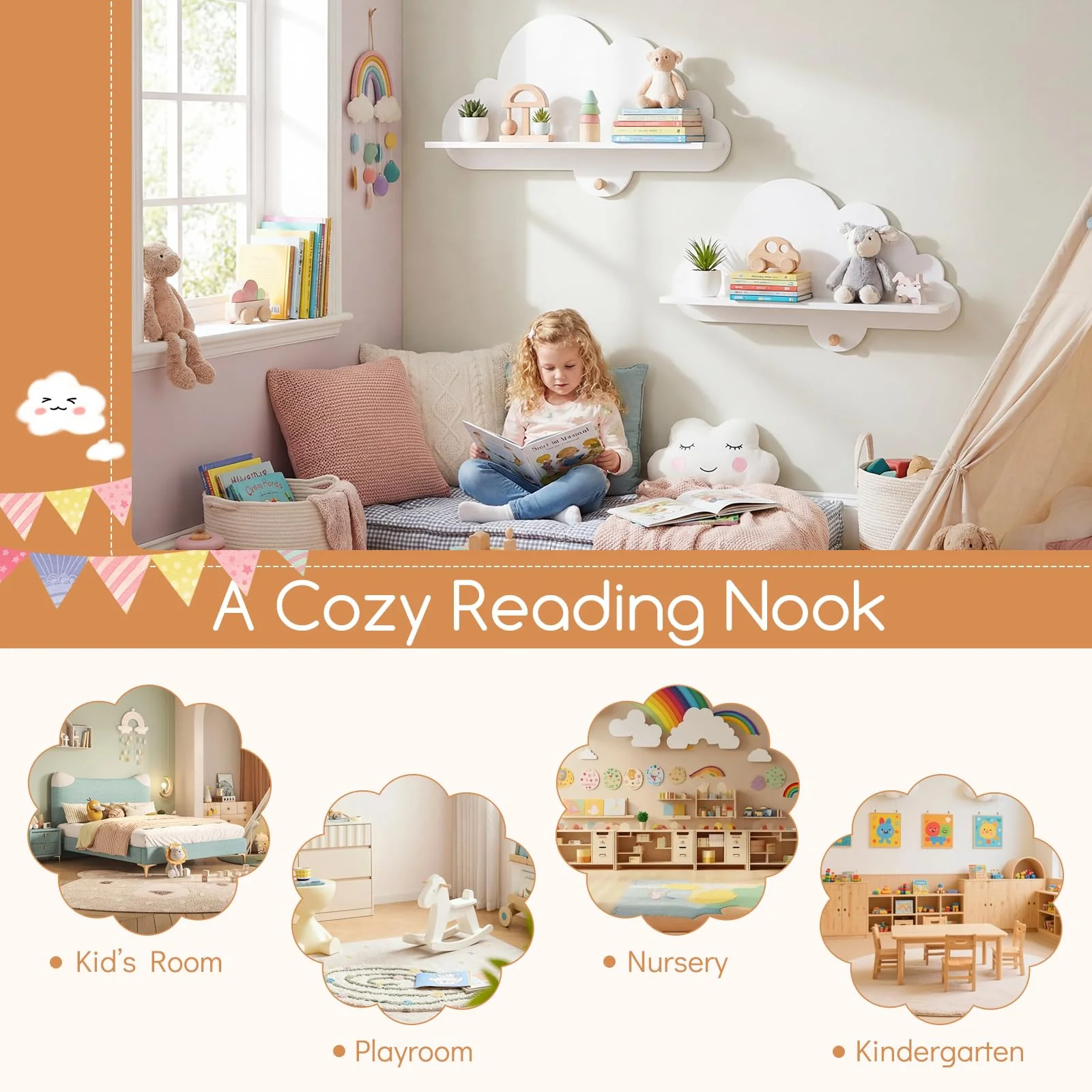 HONEY JOY 2 Pieces Floating Cloud Shelves, Wall Mounted Storage Display Rack - Image 7