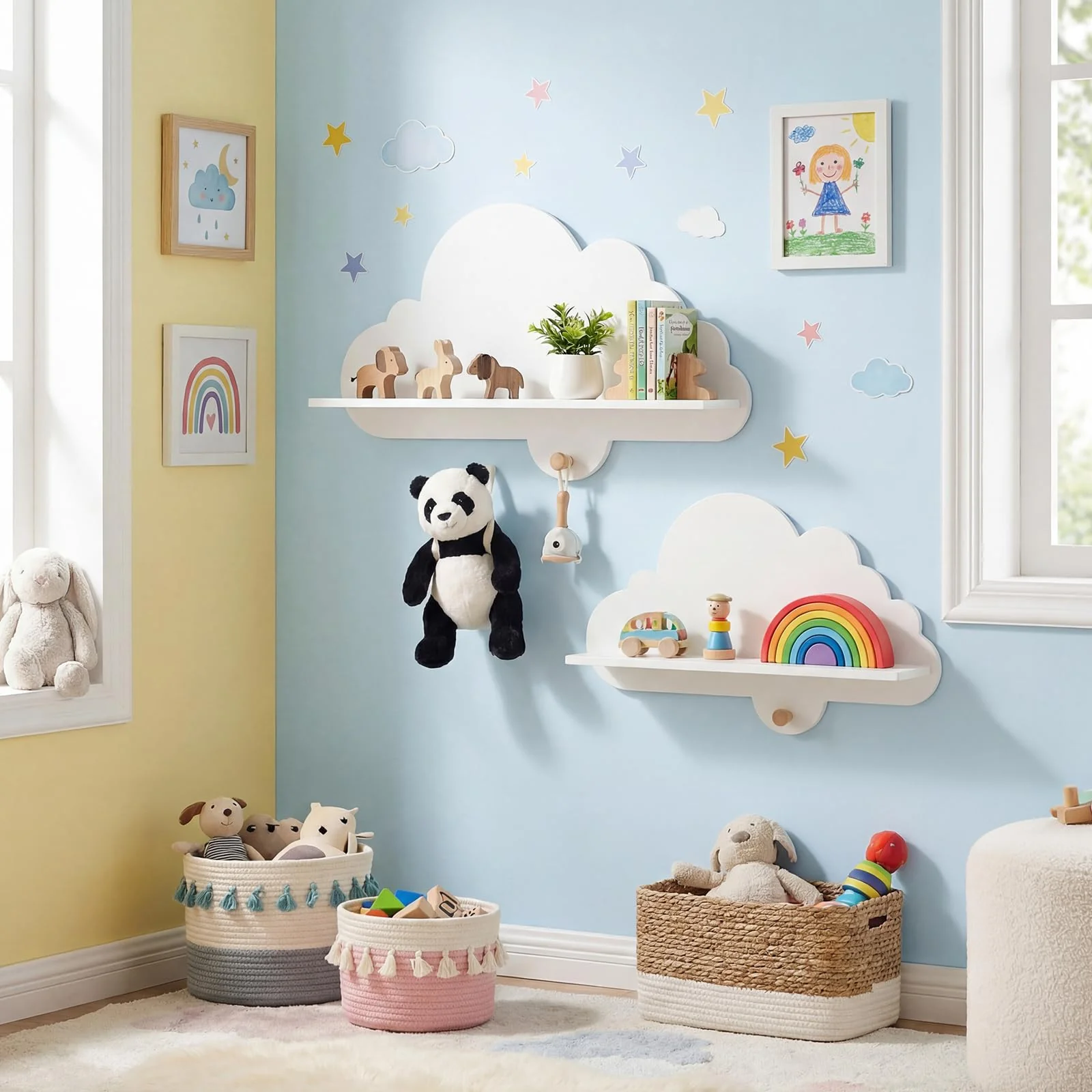 HONEY JOY 2 Pieces Floating Cloud Shelves, Wall Mounted Storage Display Rack - Image 9