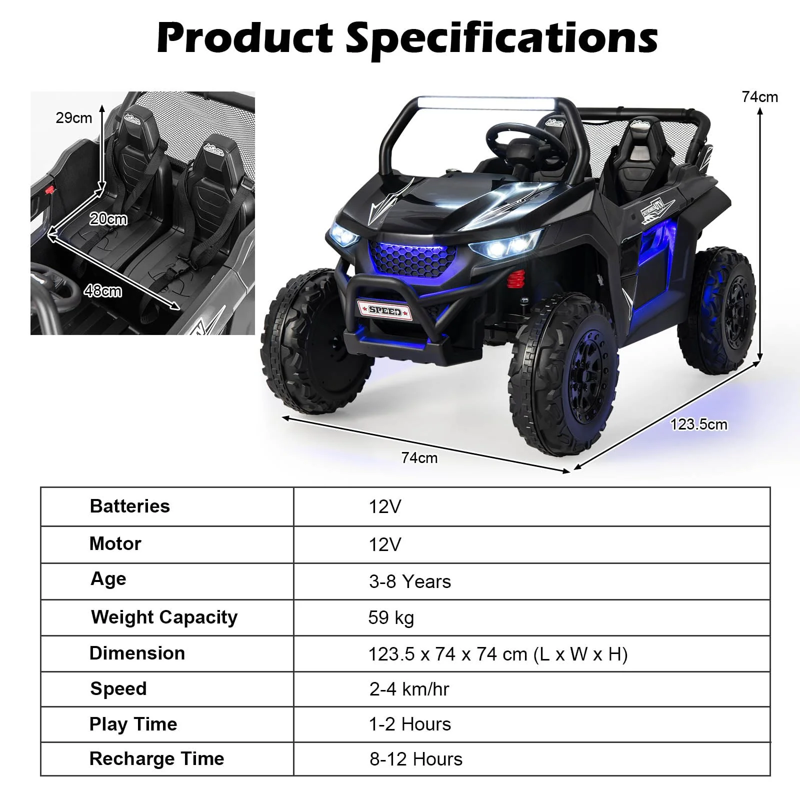 HONEY JOY 2-Seater Ride on Car, 12V Electric UTV w/Remote Control, Spring Suspension, High/Low Speed - Image 6