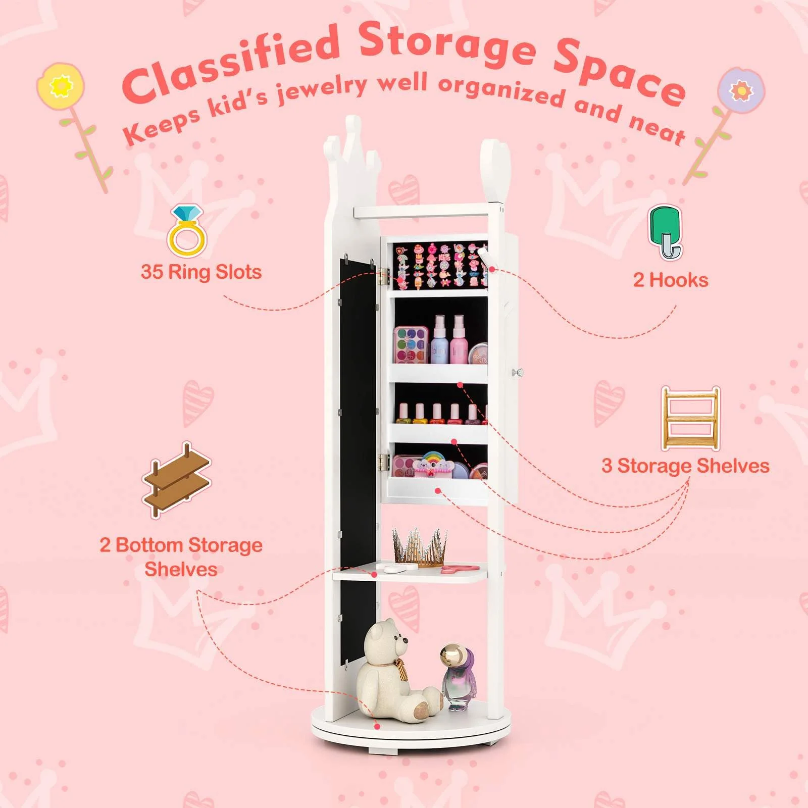 HONEY JOY 360° Rotating Kids Jewelry Cabinet - Image 5