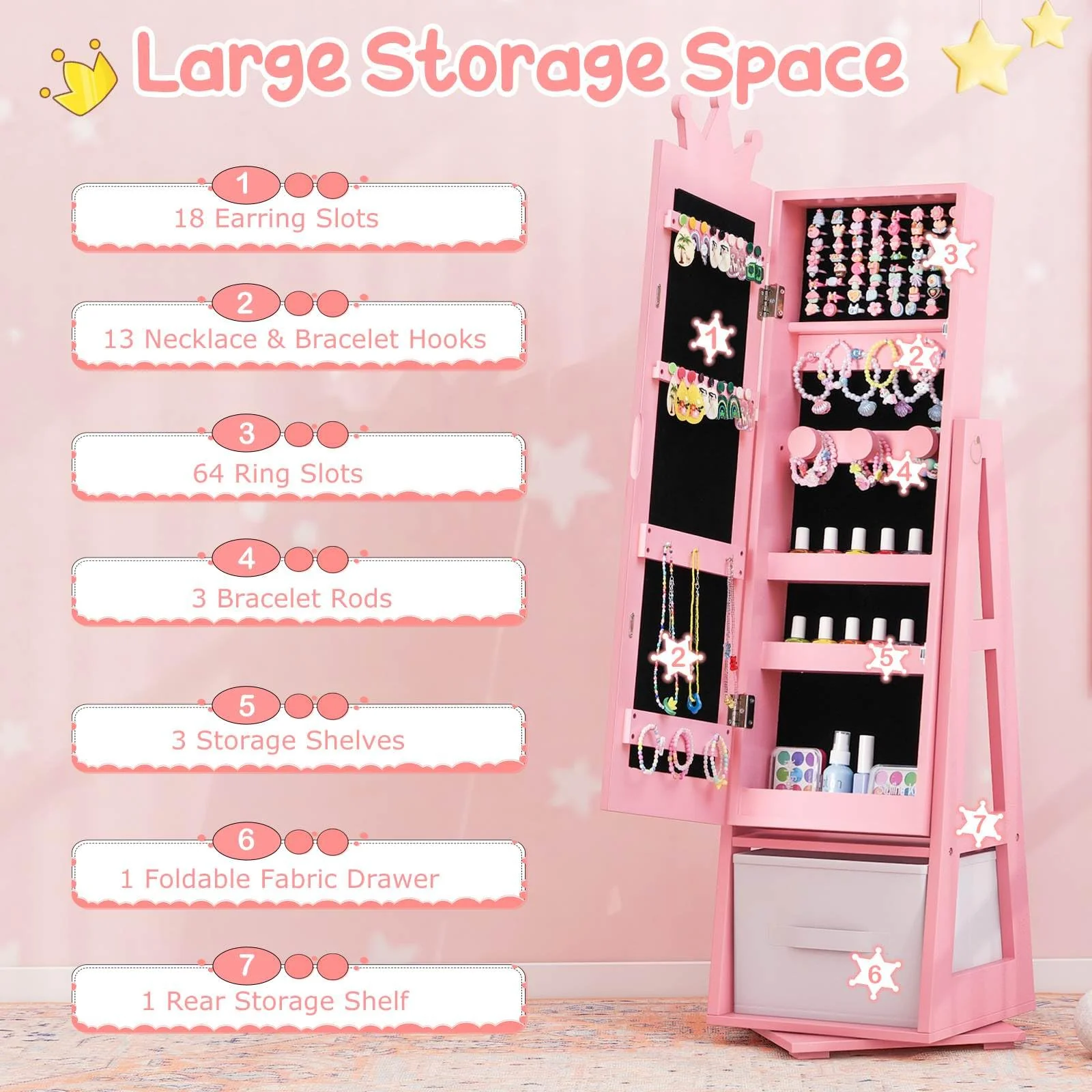HONEY JOY 360° Swivel Kids Jewelry Cabinet, 3-in-1 Freestanding Full Length Dressing Mirror - Image 2