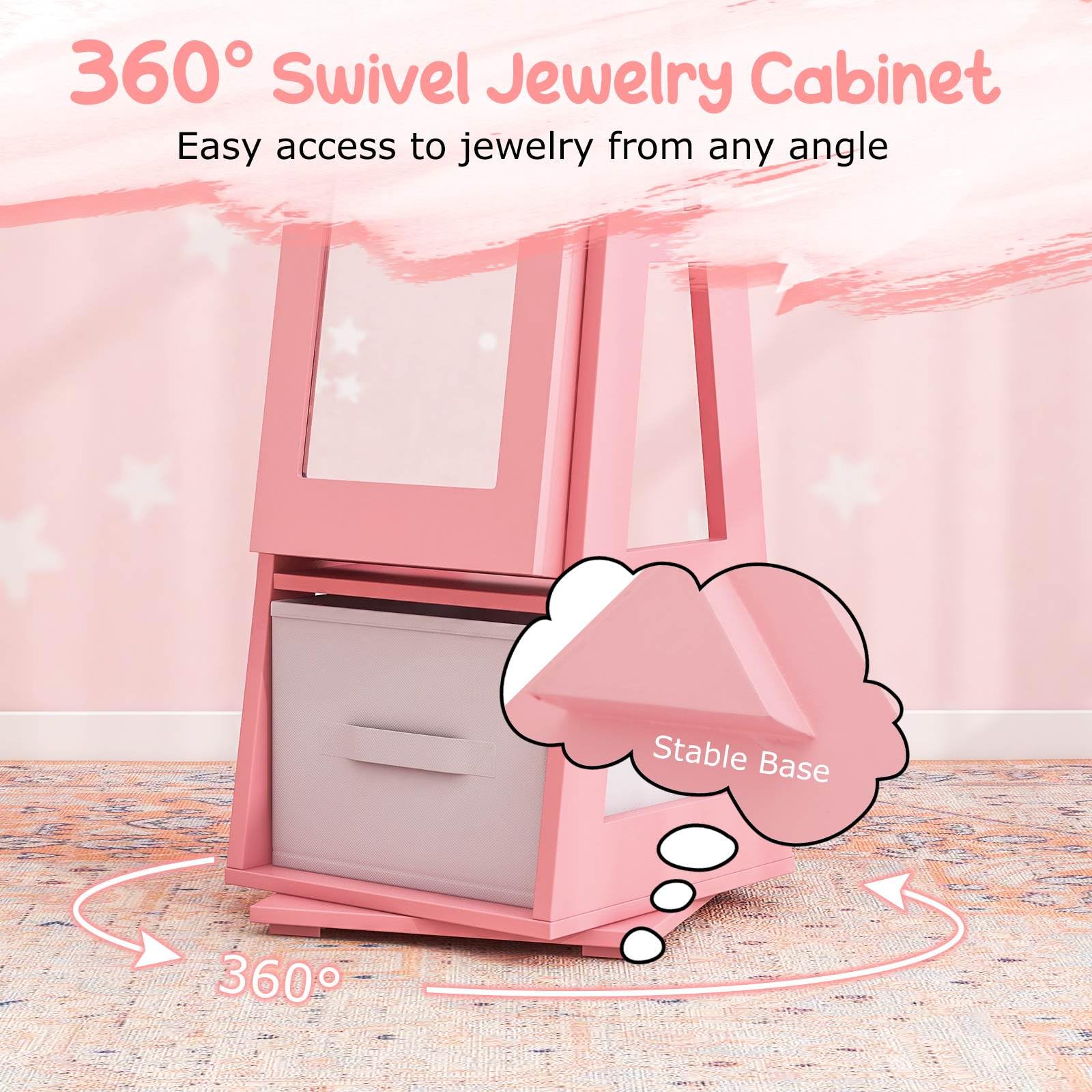 HONEY JOY 360° Swivel Kids Jewelry Cabinet, 3-in-1 Freestanding Full Length Dressing Mirror - Image 3