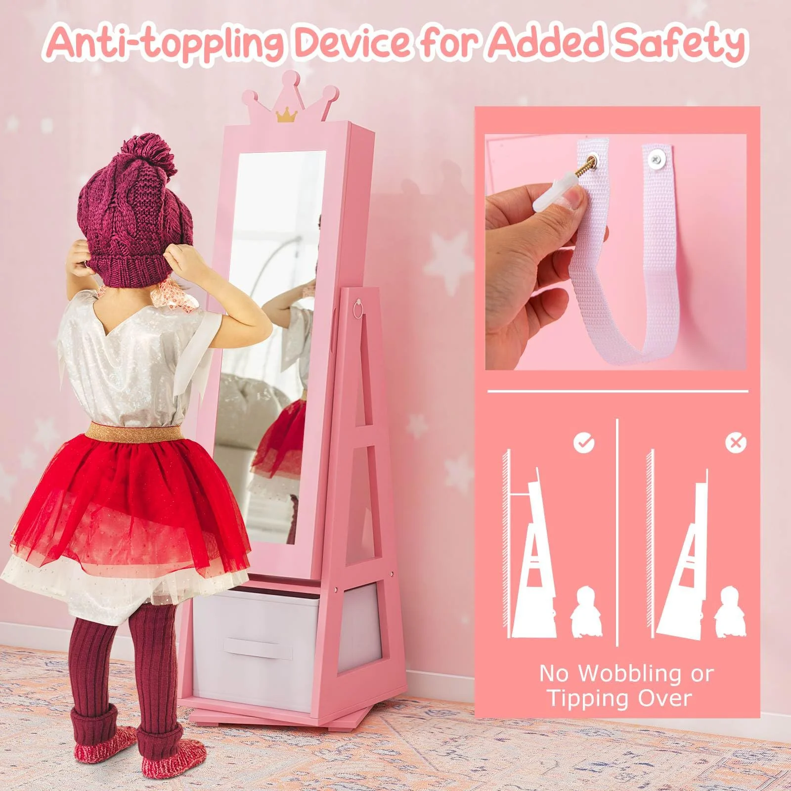HONEY JOY 360° Swivel Kids Jewelry Cabinet, 3-in-1 Freestanding Full Length Dressing Mirror - Image 4